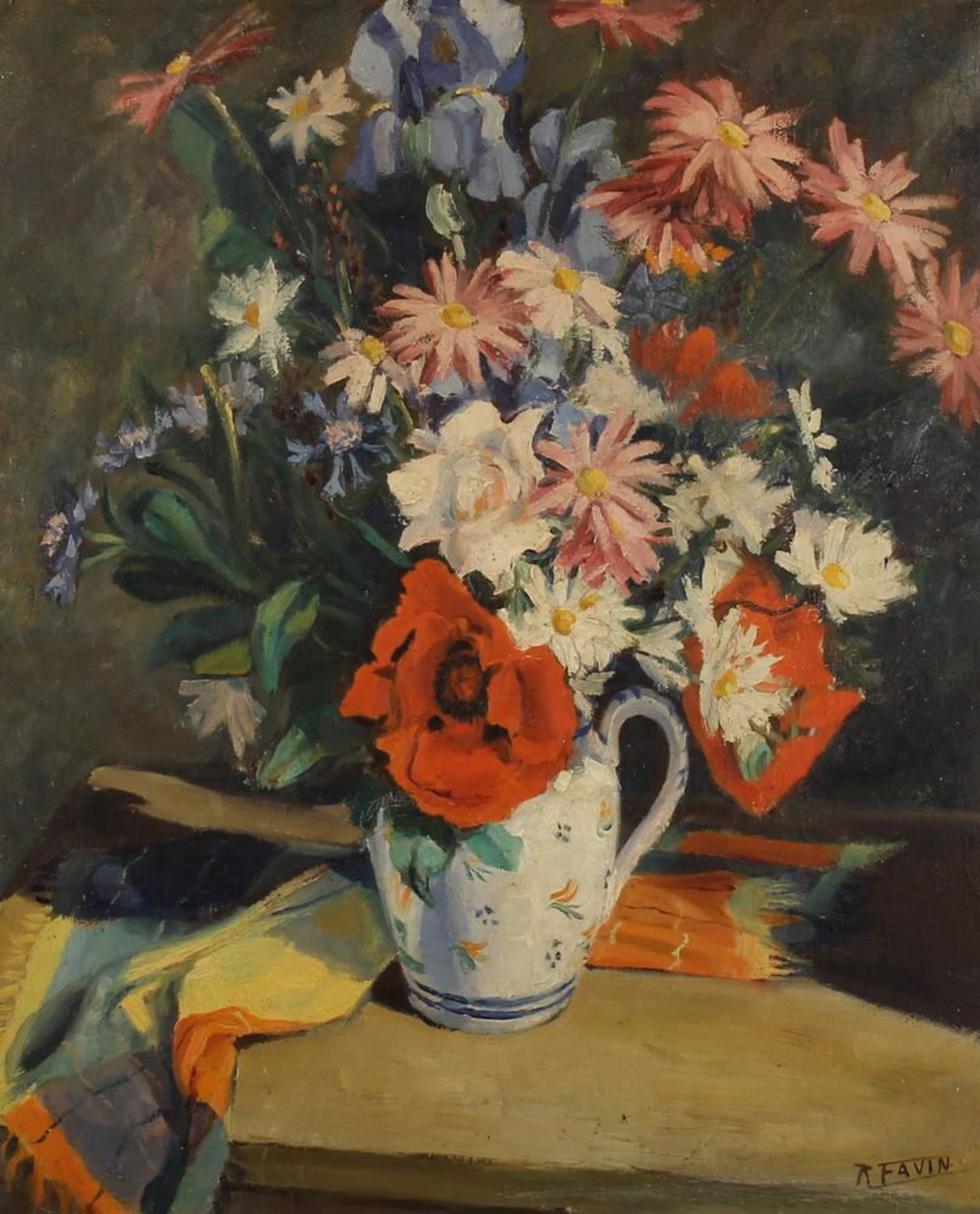 Reserve: 180 EUR        Favin, Rogier (geb. 1880), "Sommerblumenstrauß in Vase", Öl auf Leinwand,