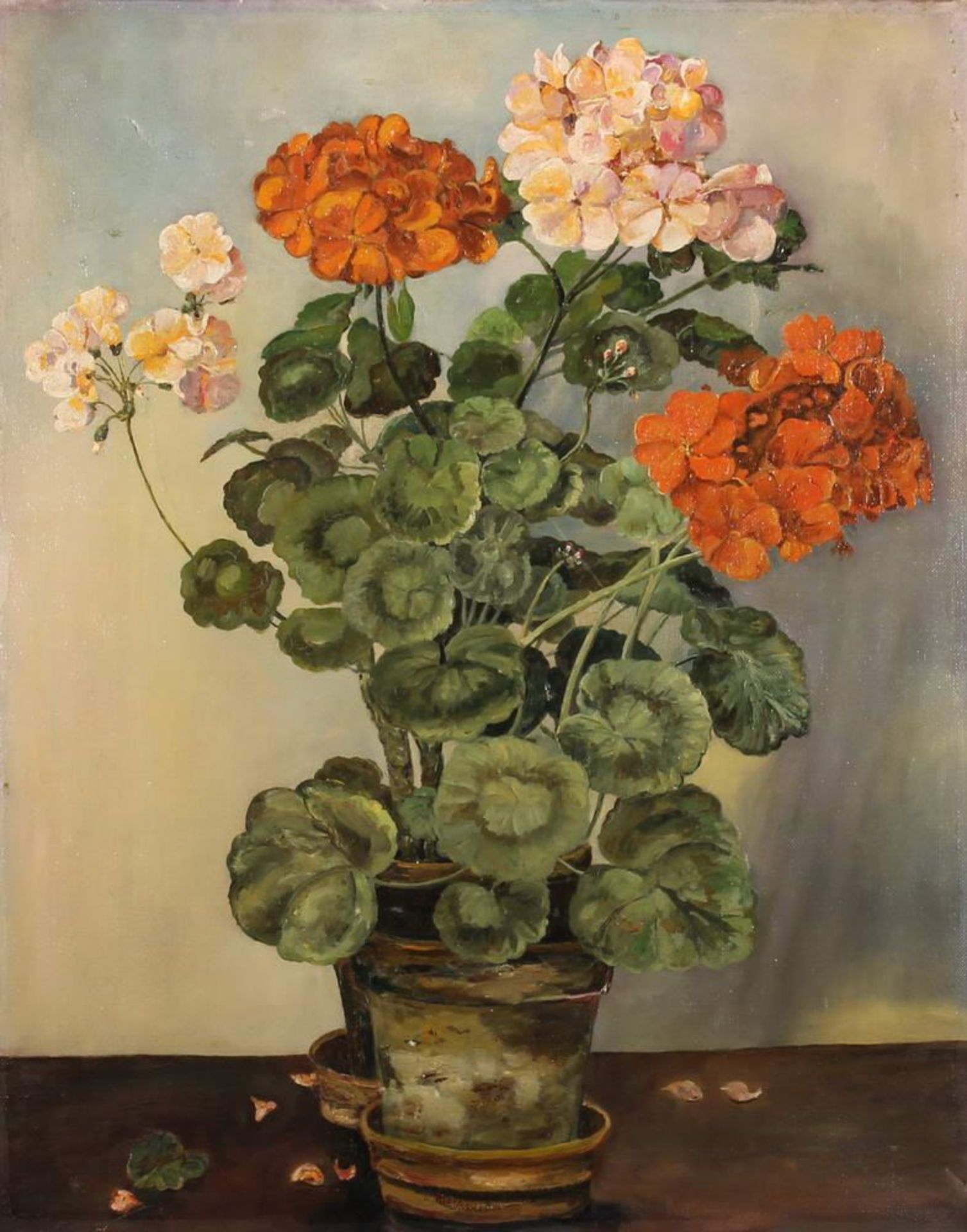 Reserve: 150 EUR        Deutscher Maler (um 1920), "Geranien im Blumentopf", Öl auf Leinwand, 50 x
