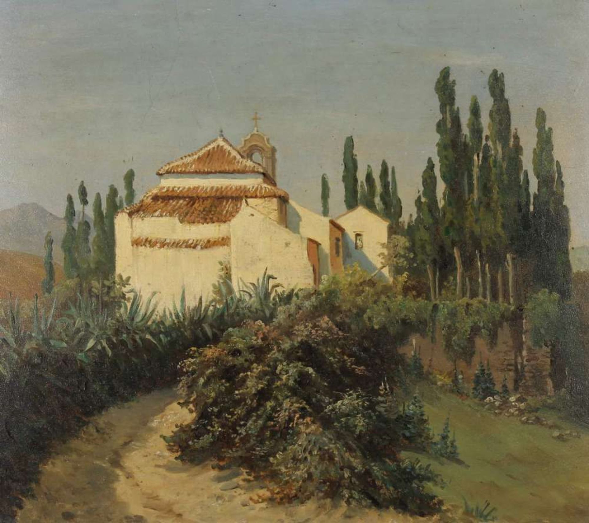 Reserve: 140 EUR        Spanischer Maler (2. Hälfte 19. Jh.), "Kirche in den spanischen Bergen",