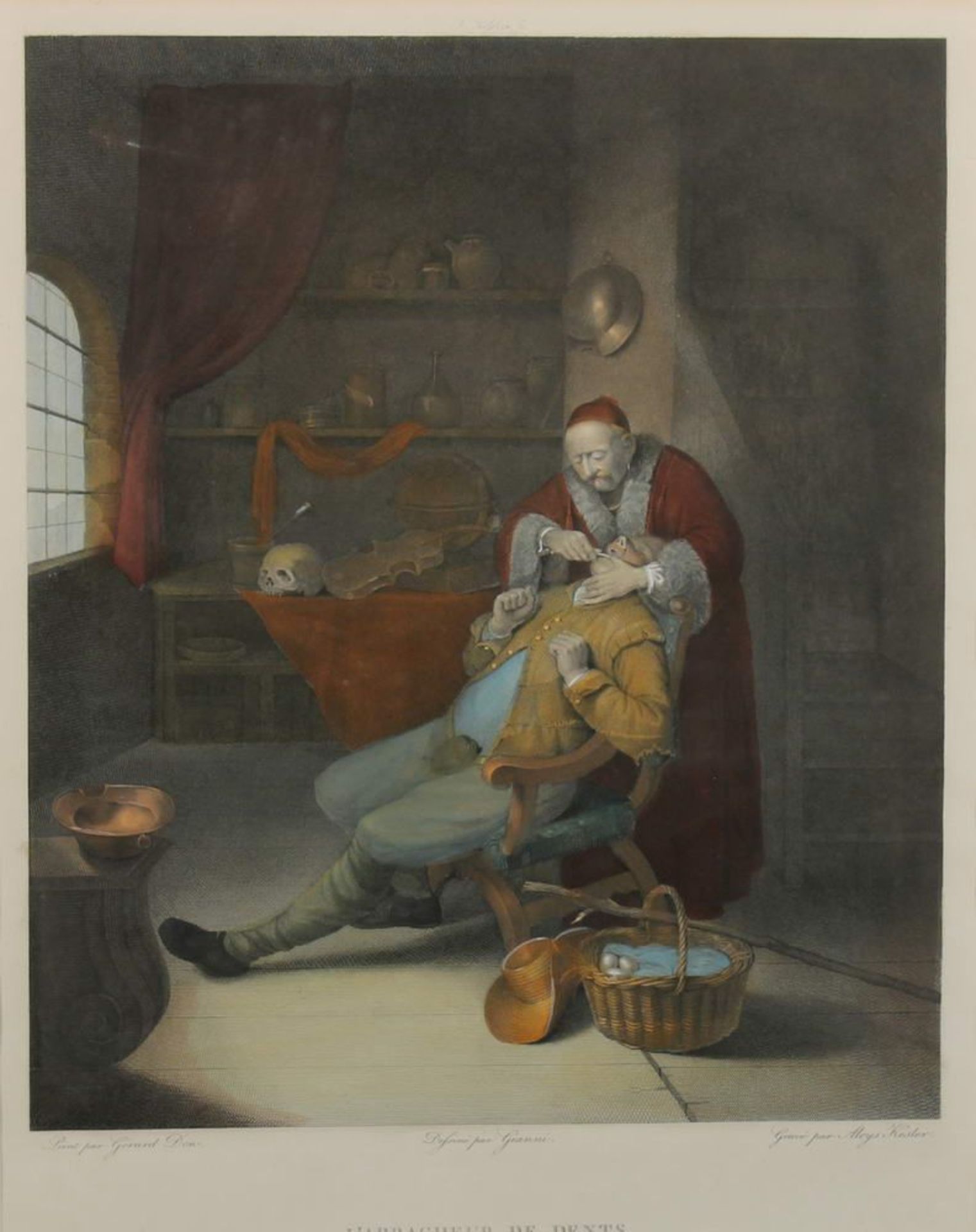 Reserve: 80 EUR        Farbradierung, "Der Zahnarzt", Aloys Kester/Gérard Dou, ca. 31 x 26 cm, unter