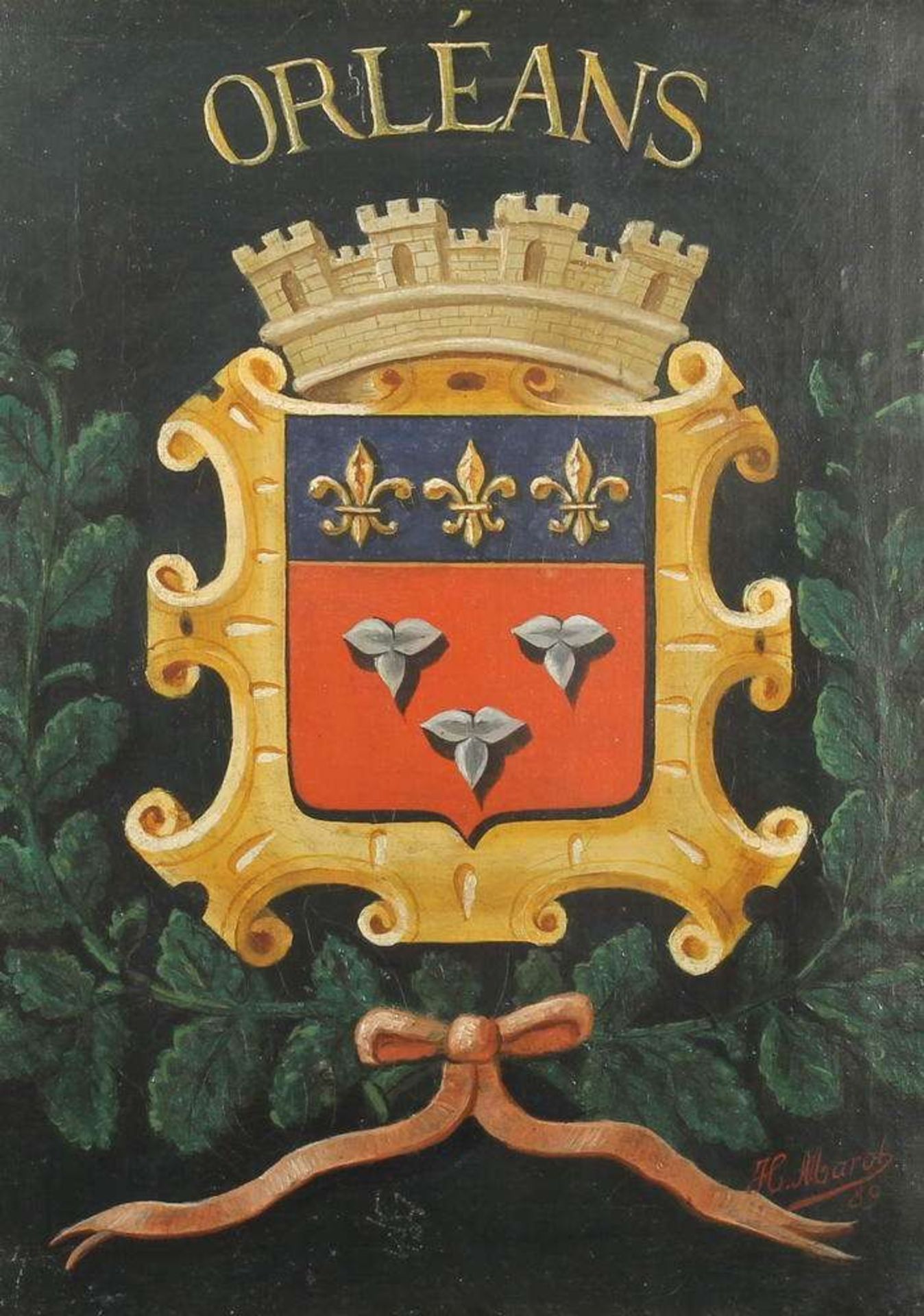 Reserve: 100 EUR        Marot, H. (19./20. Jh.), 2 Wappendarstellungen, "Tours und Orleans", Öl - Image 8 of 8