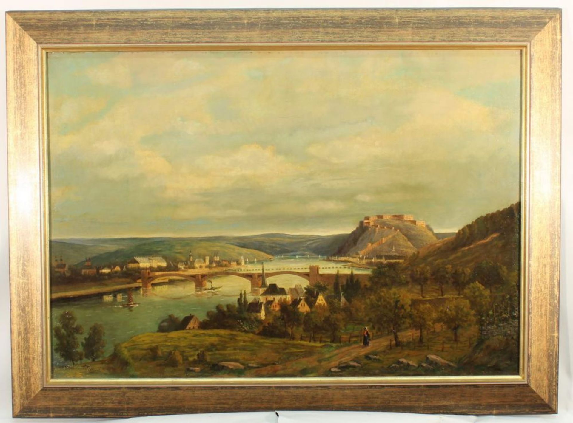 Reserve: 400 EUR        Landschaftsmaler (19. Jh.), "Blick auf Koblenz", Öl auf Leinwand, 67 x 96 - Image 3 of 8
