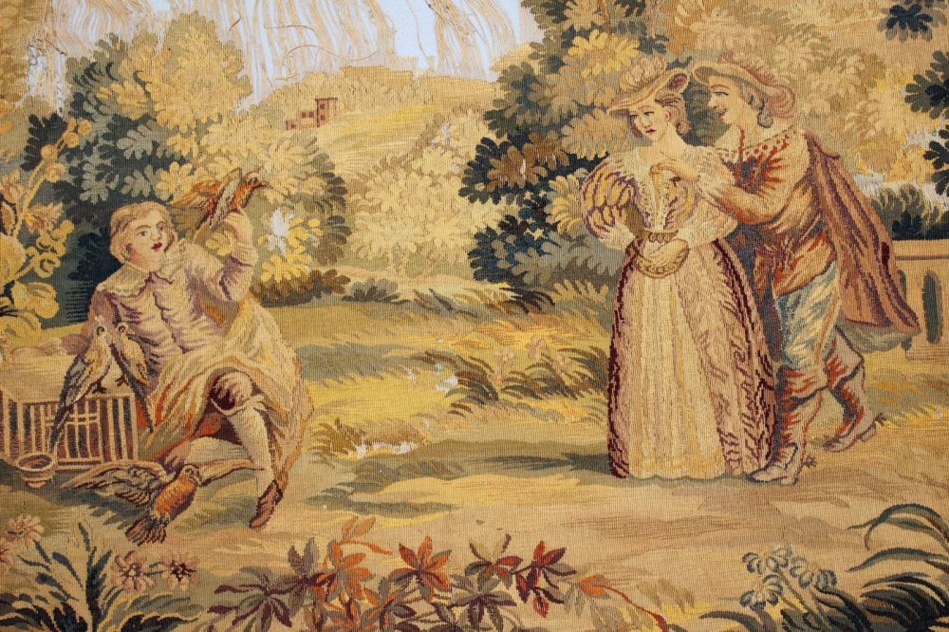 Reserve: 250 EUR        Wandbehang, um 1900, "Der Vogelhändler", ca. 85 x 128 cm, starker - Image 4 of 6