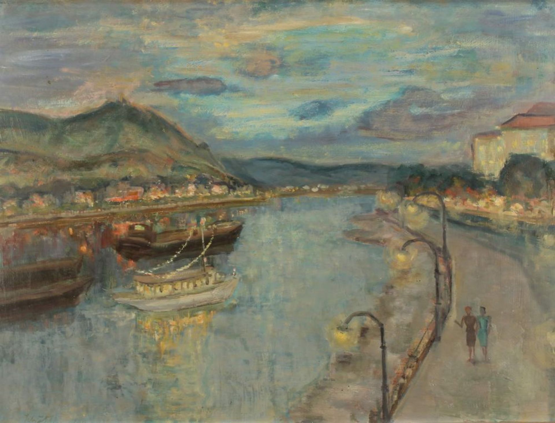 Reserve: 140 EUR        Schöttler, Walter (1904 - 1978), "Blick über den Rhein", Öl auf Hartfaser,