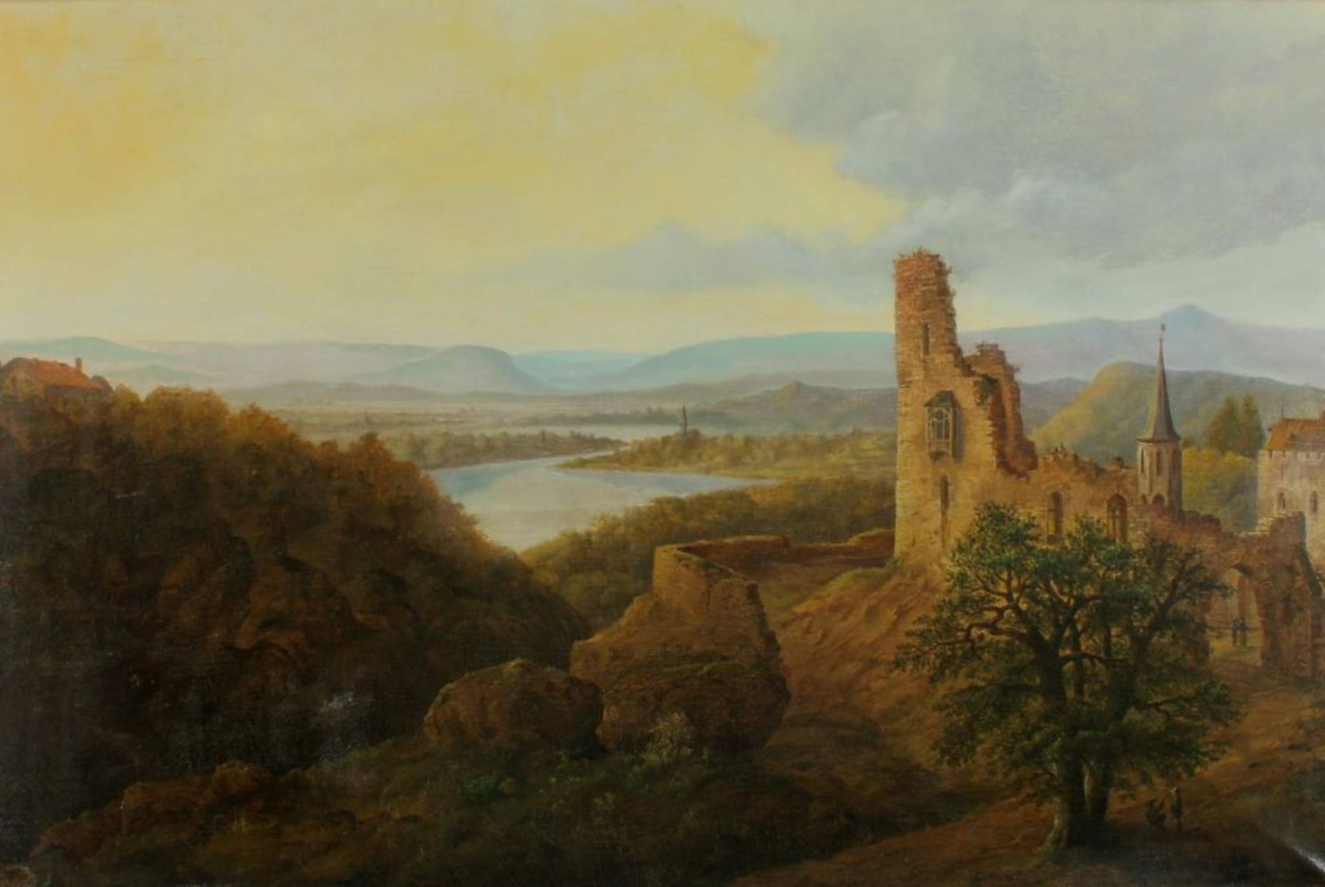 Reserve: 600 EUR        Landschaftsmaler (19./20. Jh.), "Flusslandschaft", Öl auf Leinwand, 84 x 125