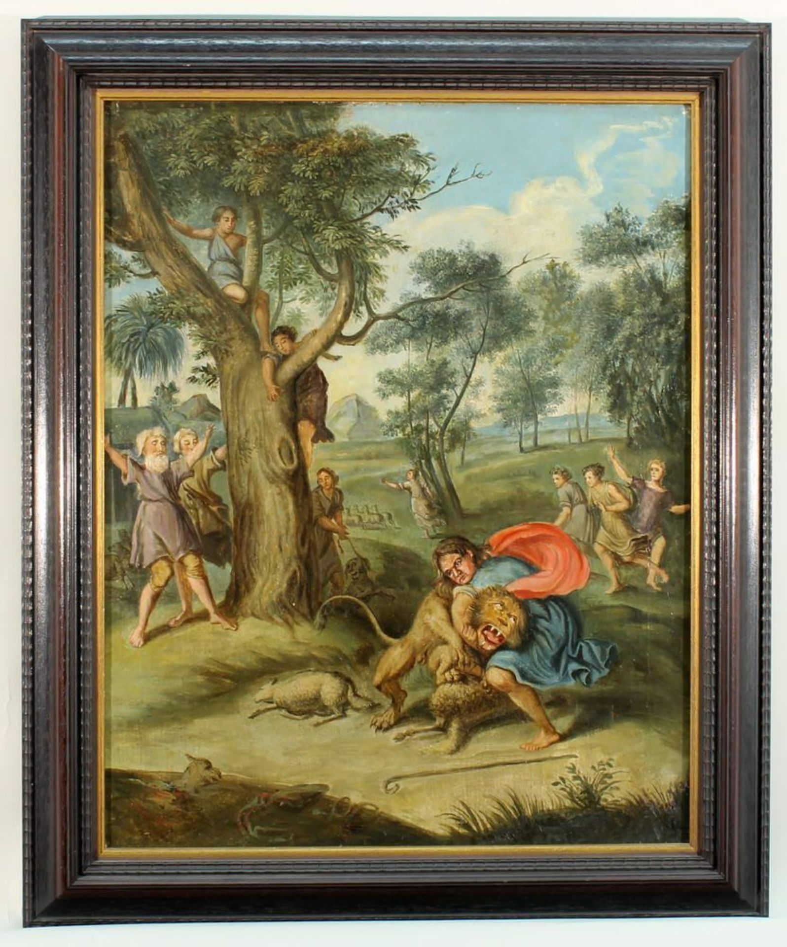 Reserve: 140 EUR        Unbekannter Maler (18./19. Jh.), "Der Kampf mit dem Löwen", Öl auf Leinwand, - Image 4 of 6
