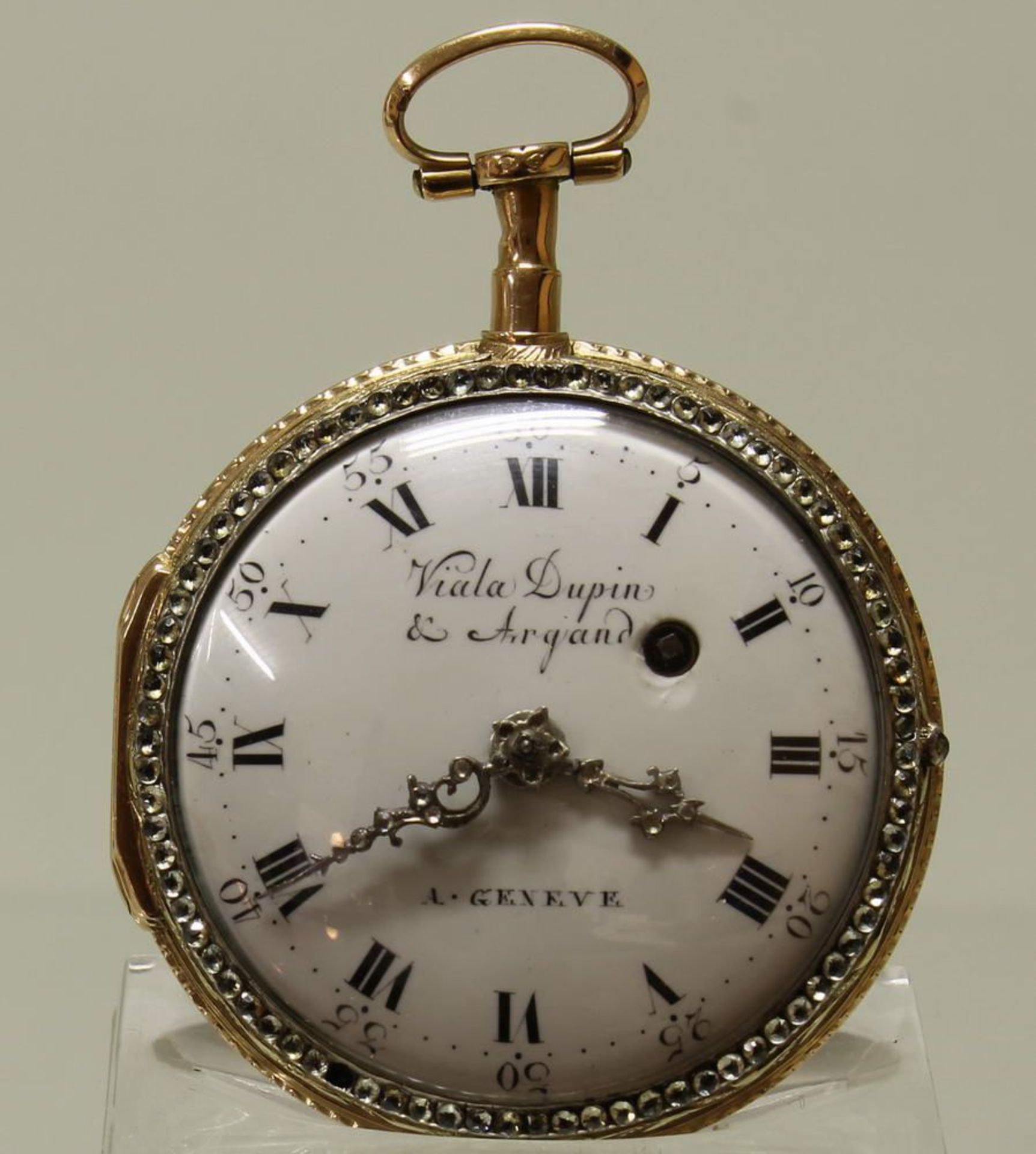 Reserve: 400 EUR        Taschenuhr, Viala Dupin & Argand, Genf, um 1800, GG 750, Diamantbesatz,