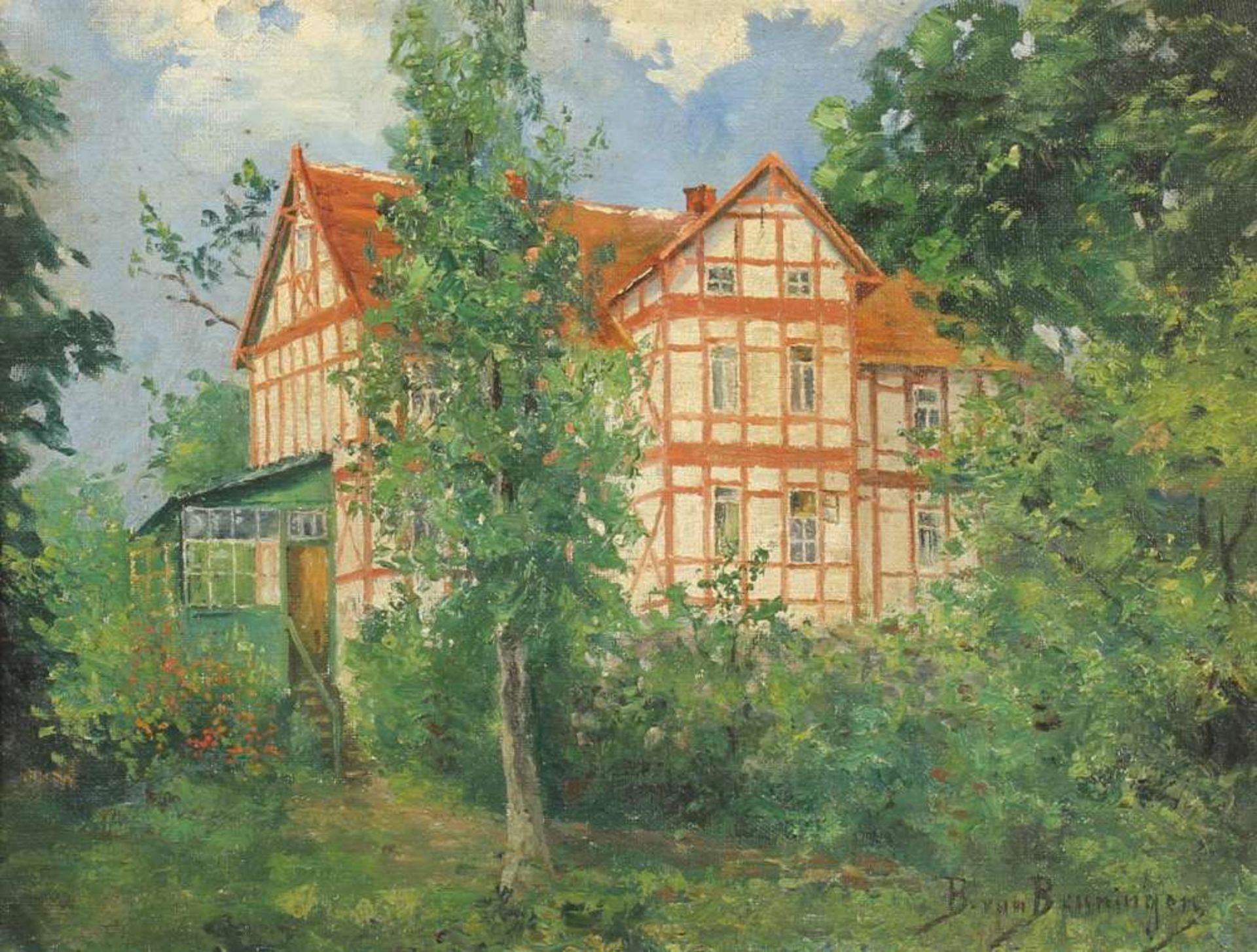 Reserve: 50 EUR        Beuningen, B. van (20. Jh.), "Villa im Garten", Öl auf Leinwand, auf - Image 2 of 6