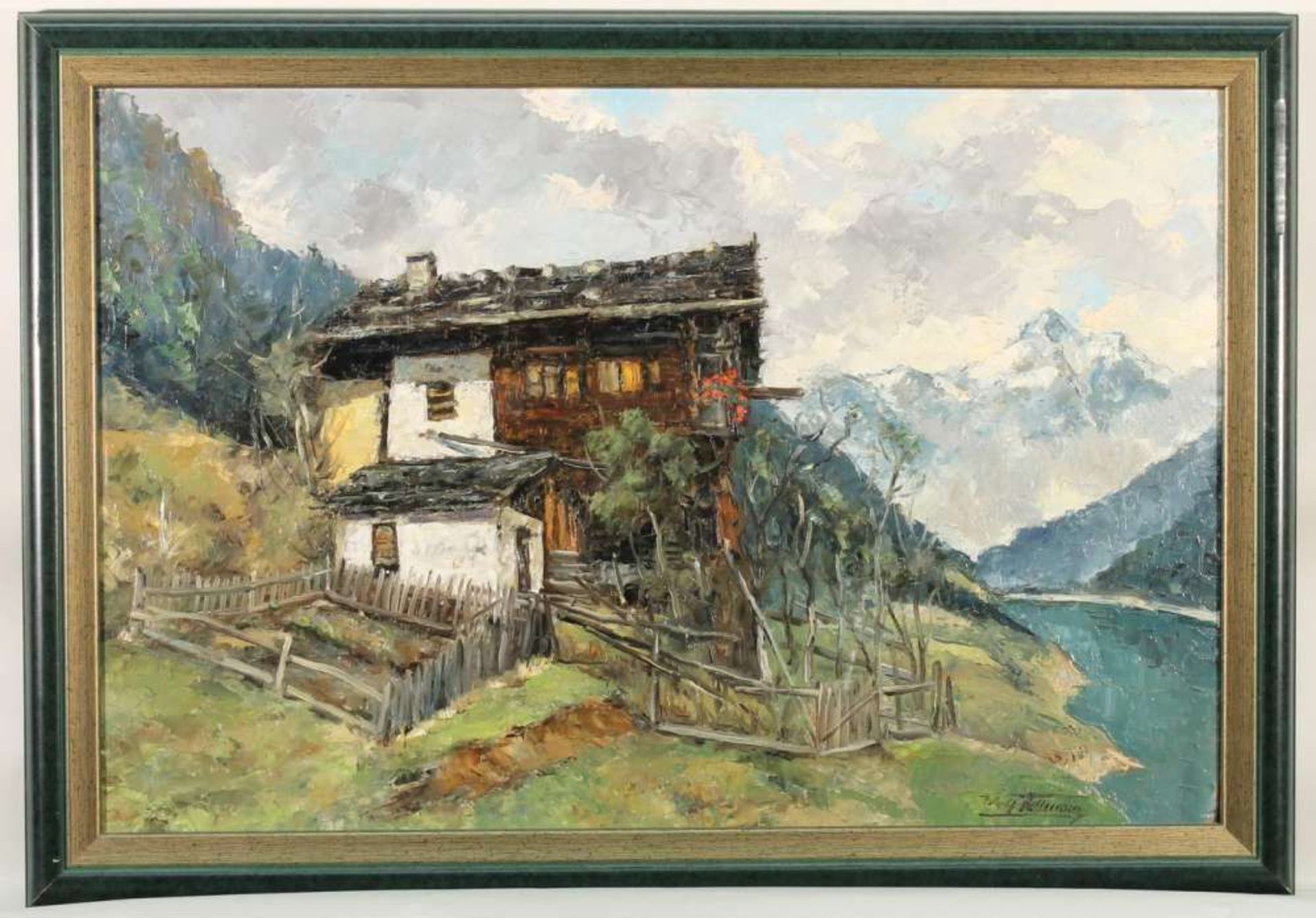 Reserve: 70 EUR        Hellmaier, Wolf (20. Jh.), "Haus im Hochgebirge", Öl auf Hartfaser, - Image 3 of 4