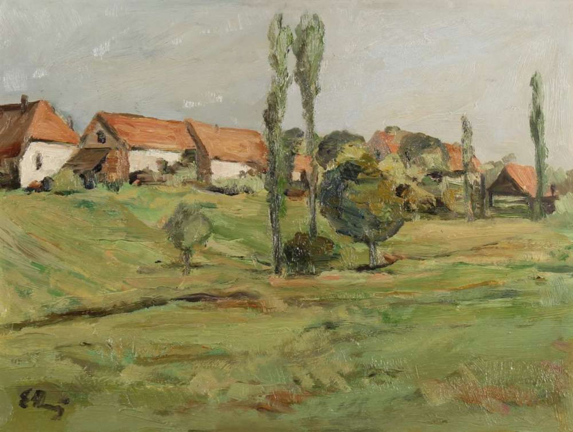 Reserve: 90 EUR        Haug, Erwin (1913 Karlsruhe - 2004, Maler und Zeichner), "Bauerndorf am