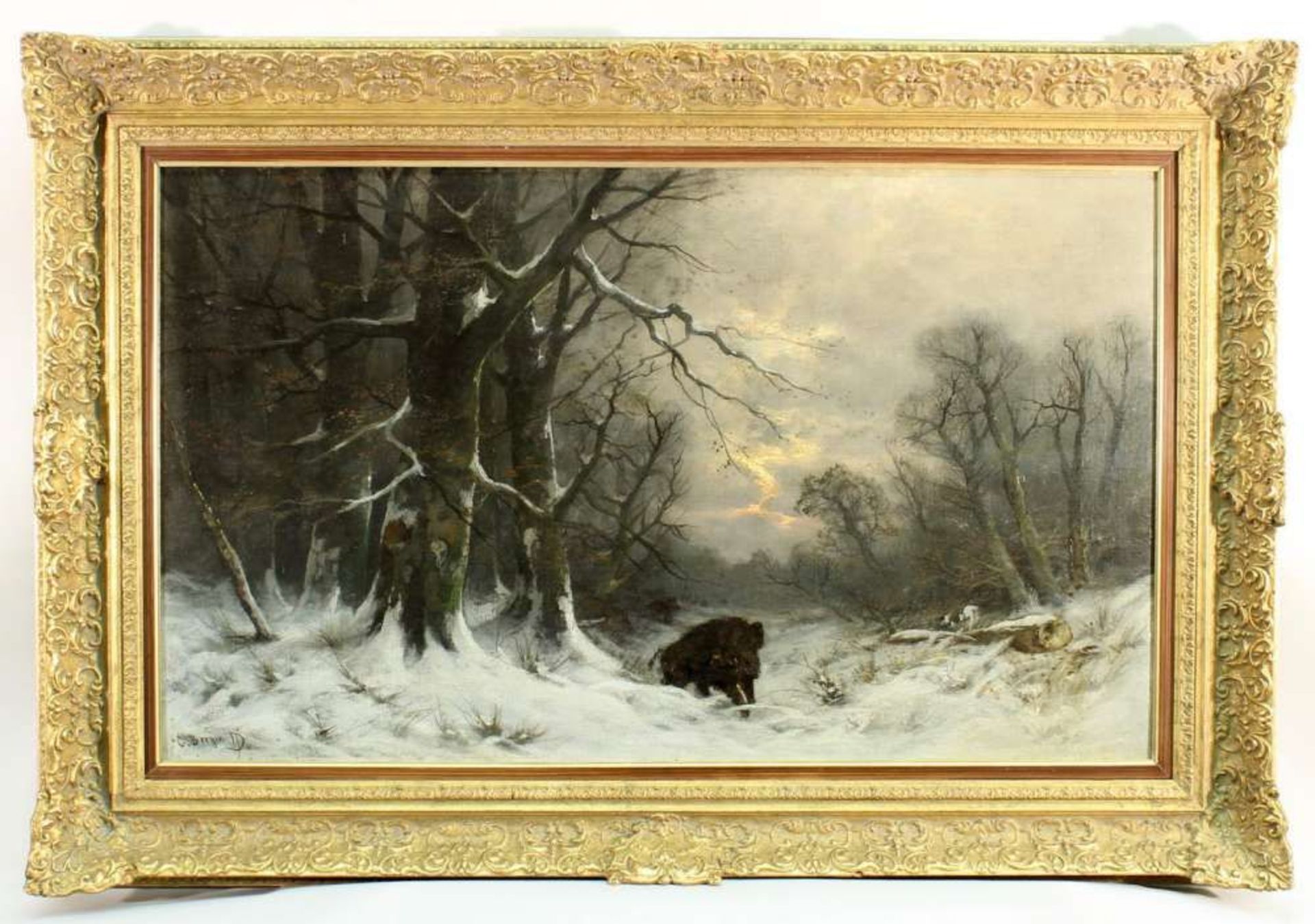 Reserve: 200 EUR        Berger, C. (G.) (19./20. Jh.), "Sauen im Winterwald", Öl auf Leinwand, auf - Image 4 of 6