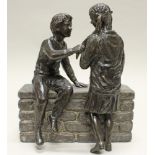 Reserve: 480 EUR        Bronze und Stein, "Junge und Mädchen an der Mauer", verso bezeichnet Ronzano