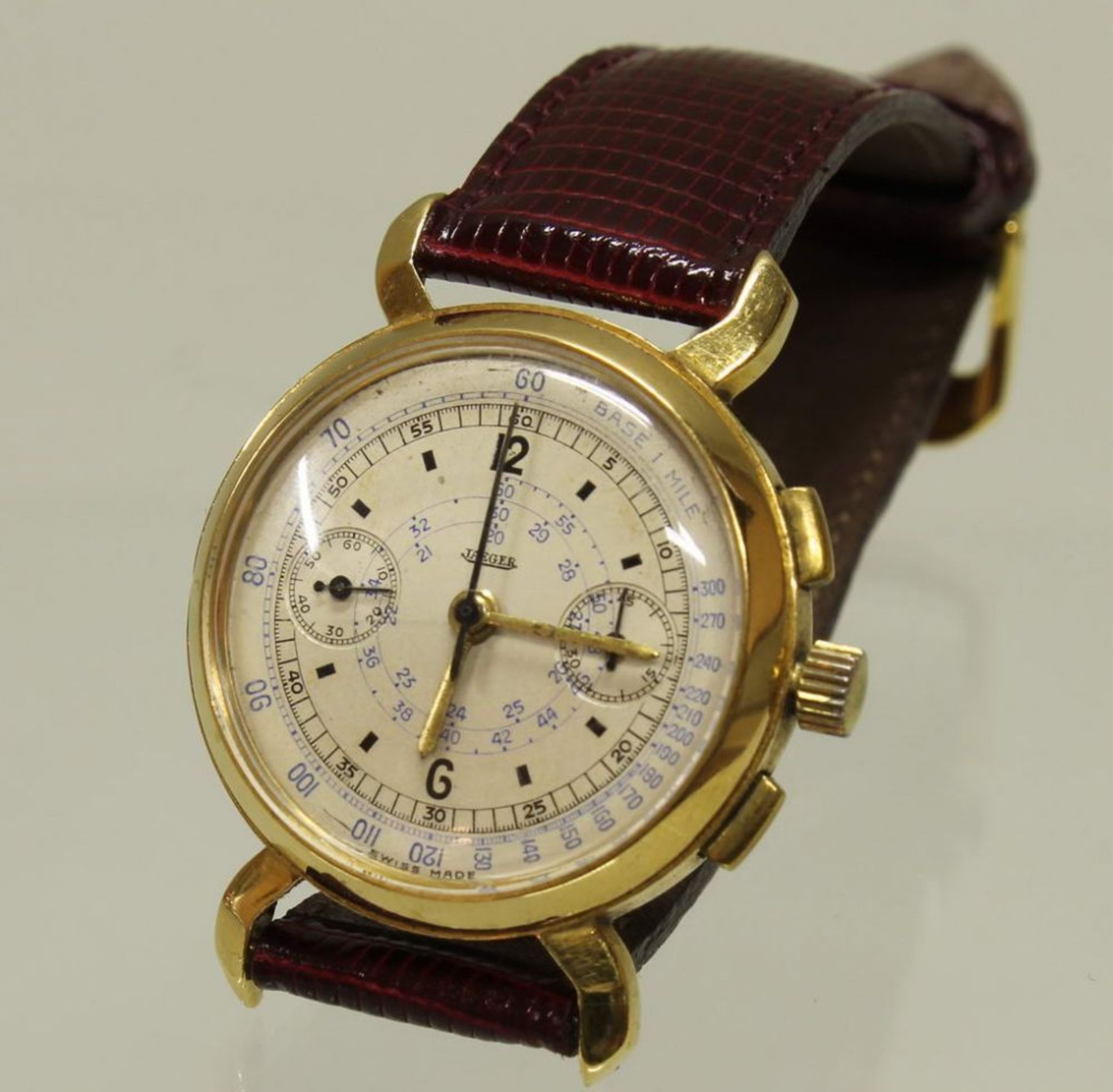 Reserve: 600 EUR        Armbanduhr, Jaeger, Schweiz, GG 750, 1940er/1950er Jahre, Chronograph,