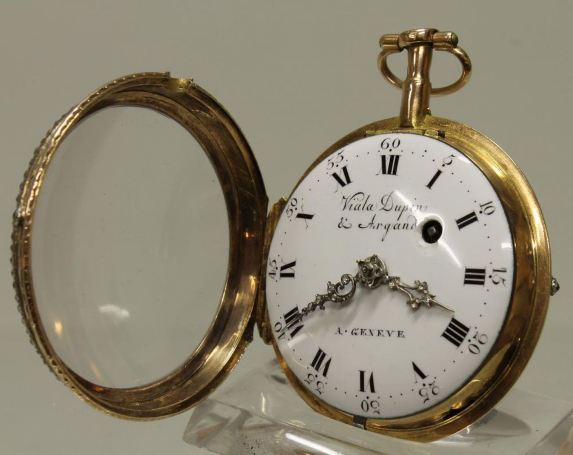 Reserve: 400 EUR        Taschenuhr, Viala Dupin & Argand, Genf, um 1800, GG 750, Diamantbesatz, - Image 6 of 8