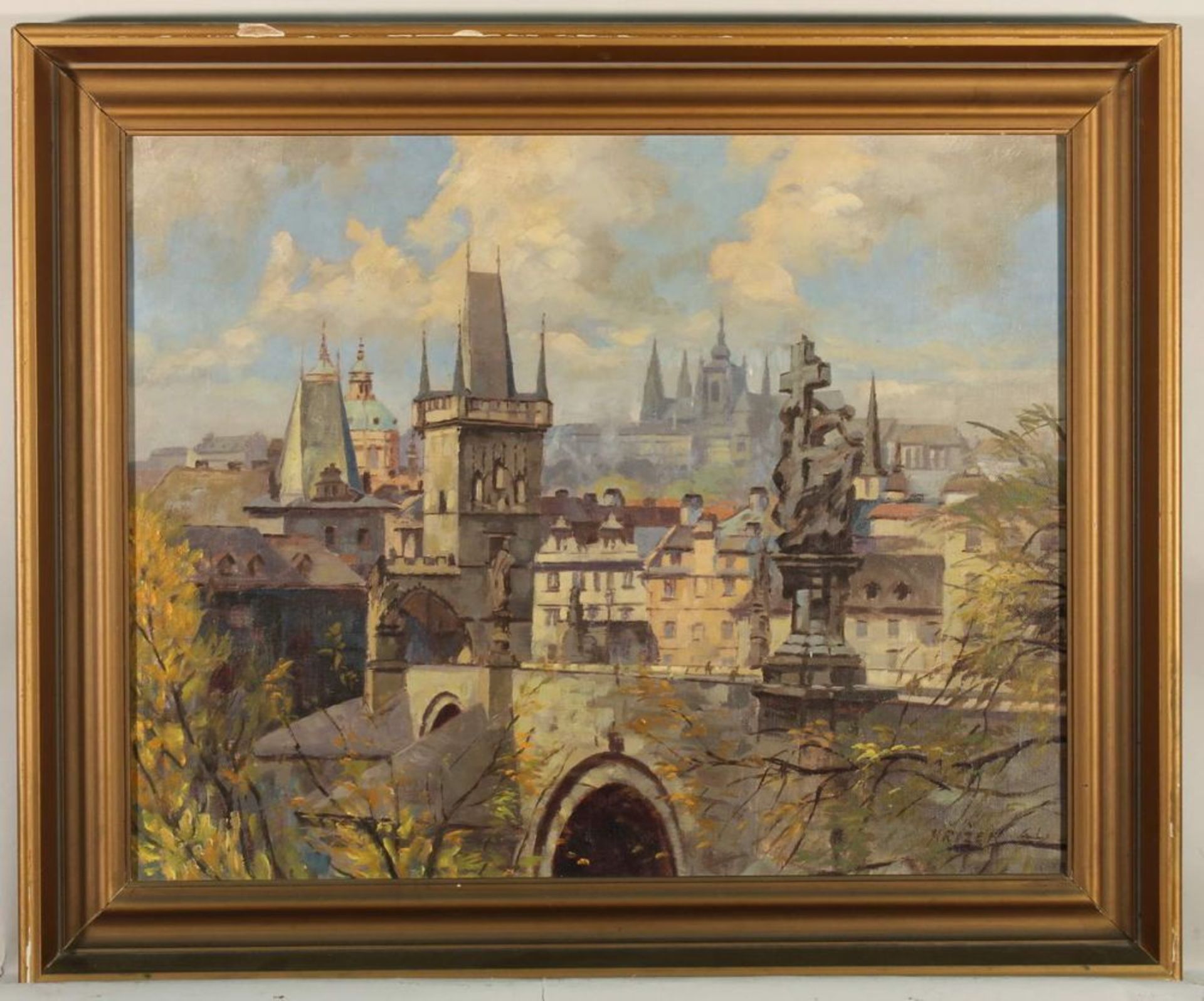 Reserve: 80 EUR        Krizek (19./20. Jh.), "Blick über die Karlsbrücke auf Prag", Öl auf Leinwand, - Image 4 of 6
