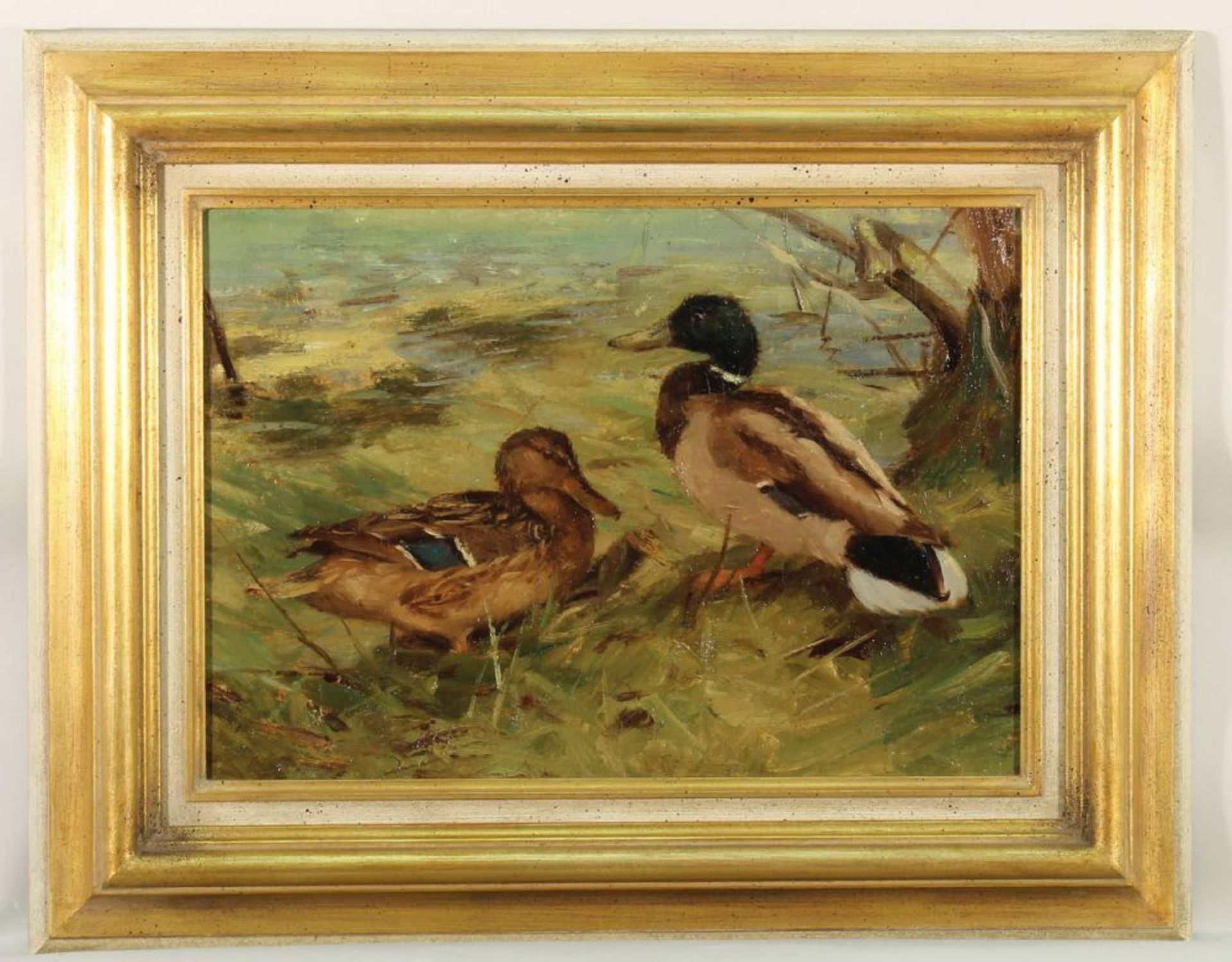 Reserve: 70 EUR        Tiermaler (20. Jh.), "Zwei Enten", Öl auf Leinwand, auf Karton, 26.5 x 37 cm - Image 3 of 4