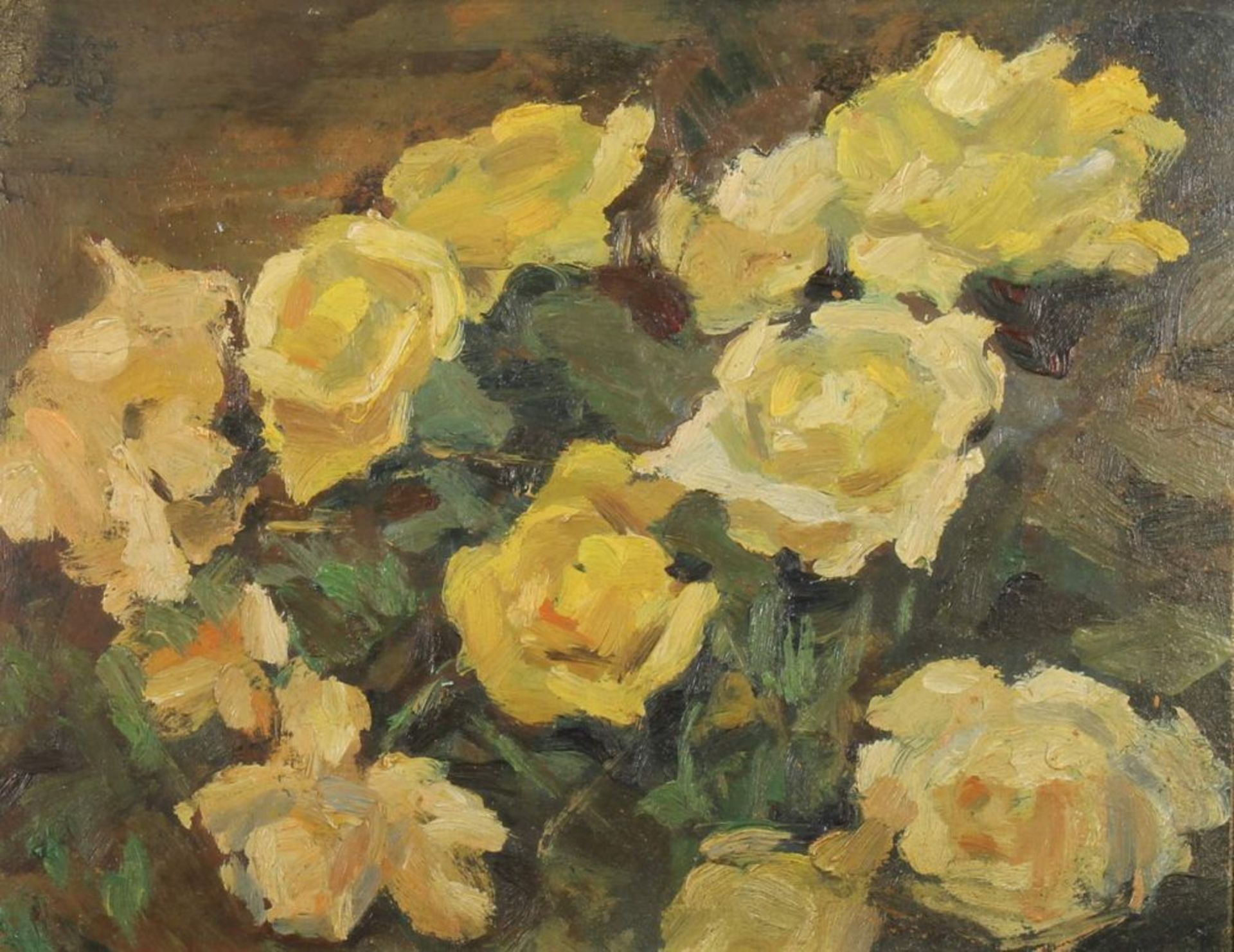 Reserve: 90 EUR        Französischer Maler (19./20. Jh.), "Gelbe Rosen", Öl auf Karton,