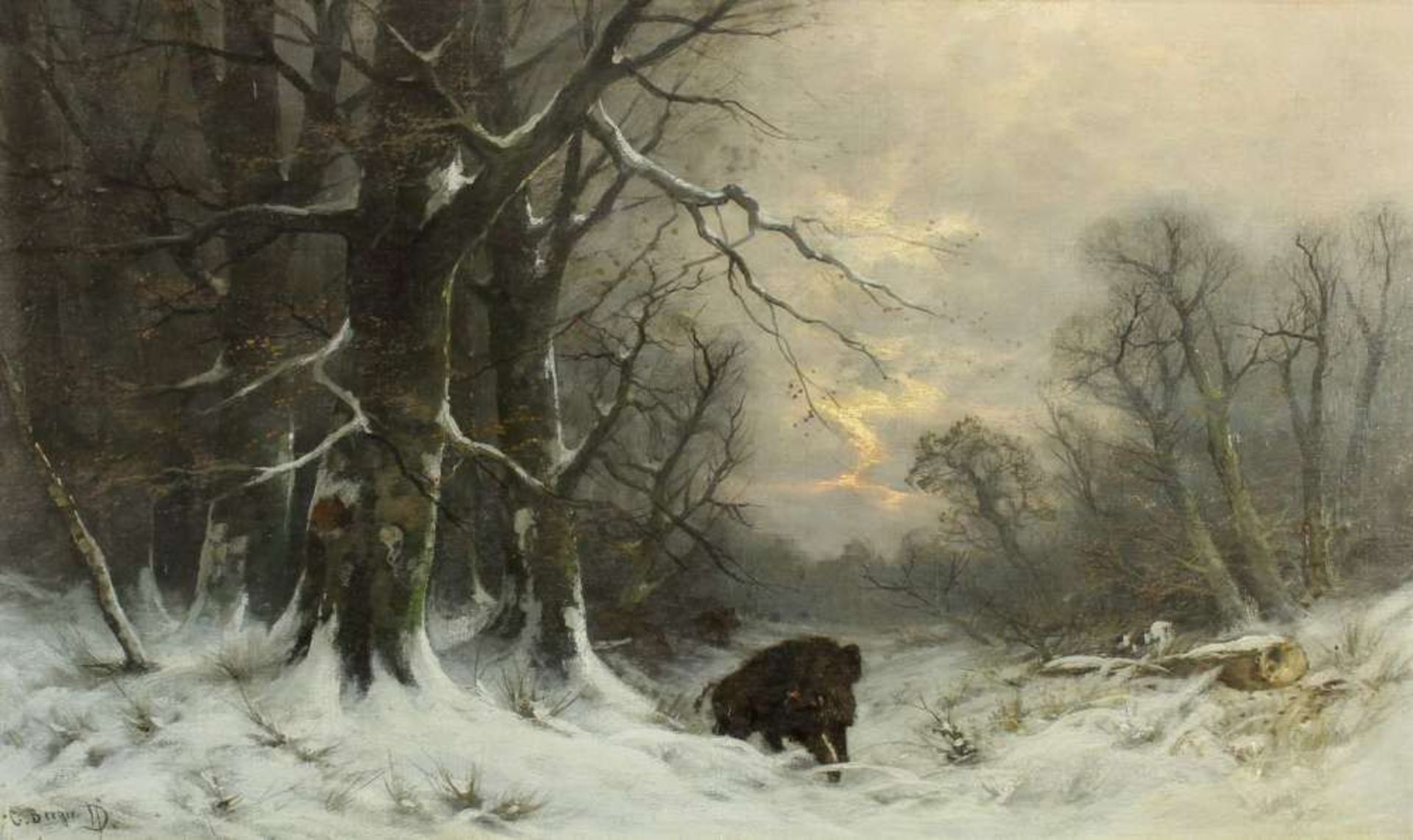 Reserve: 200 EUR        Berger, C. (G.) (19./20. Jh.), "Sauen im Winterwald", Öl auf Leinwand, auf - Image 2 of 6