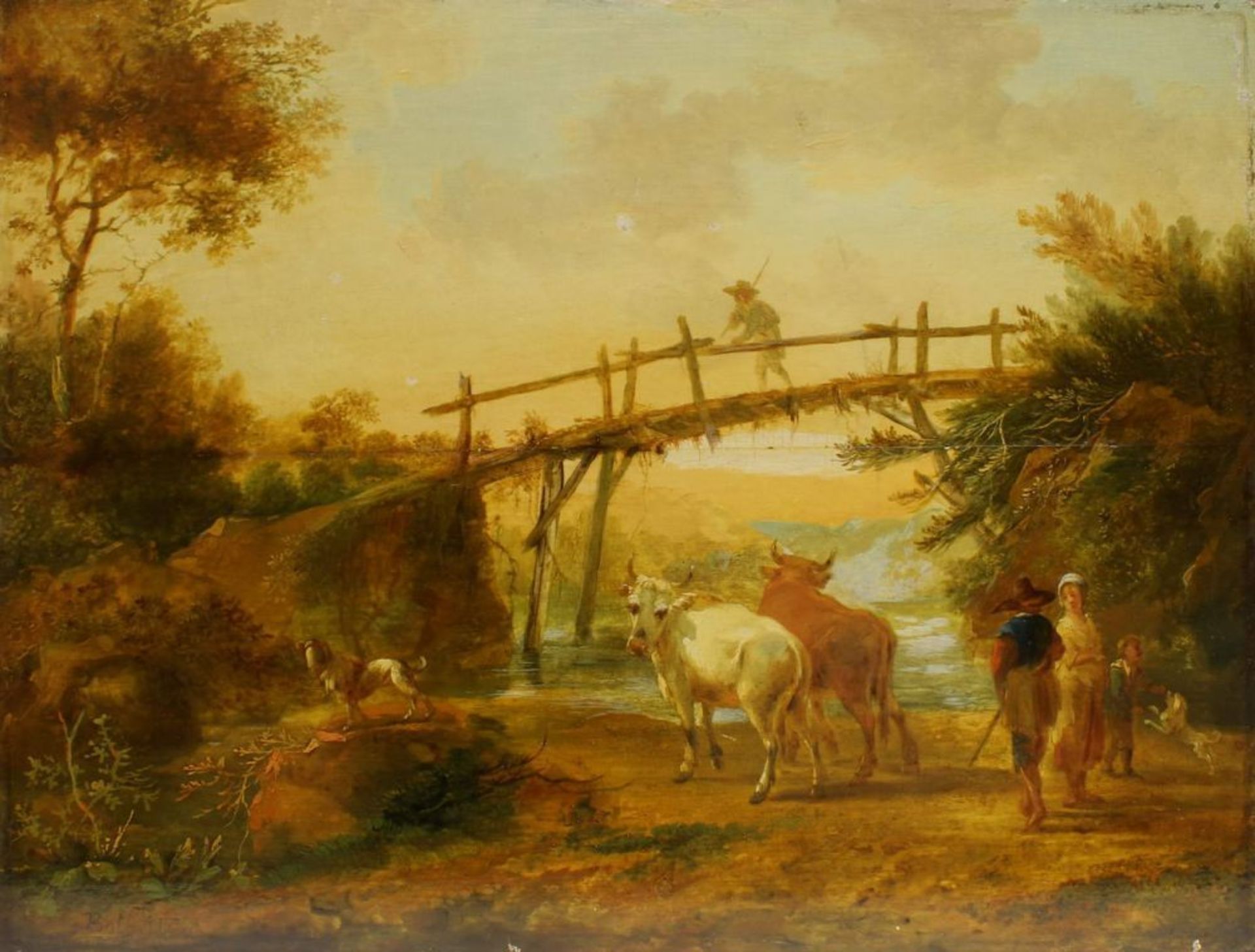 Reserve: 650 EUR        Niederländischer Maler (17./18.Jh.), "Hirte mit Kühen", Öl auf Holz,
