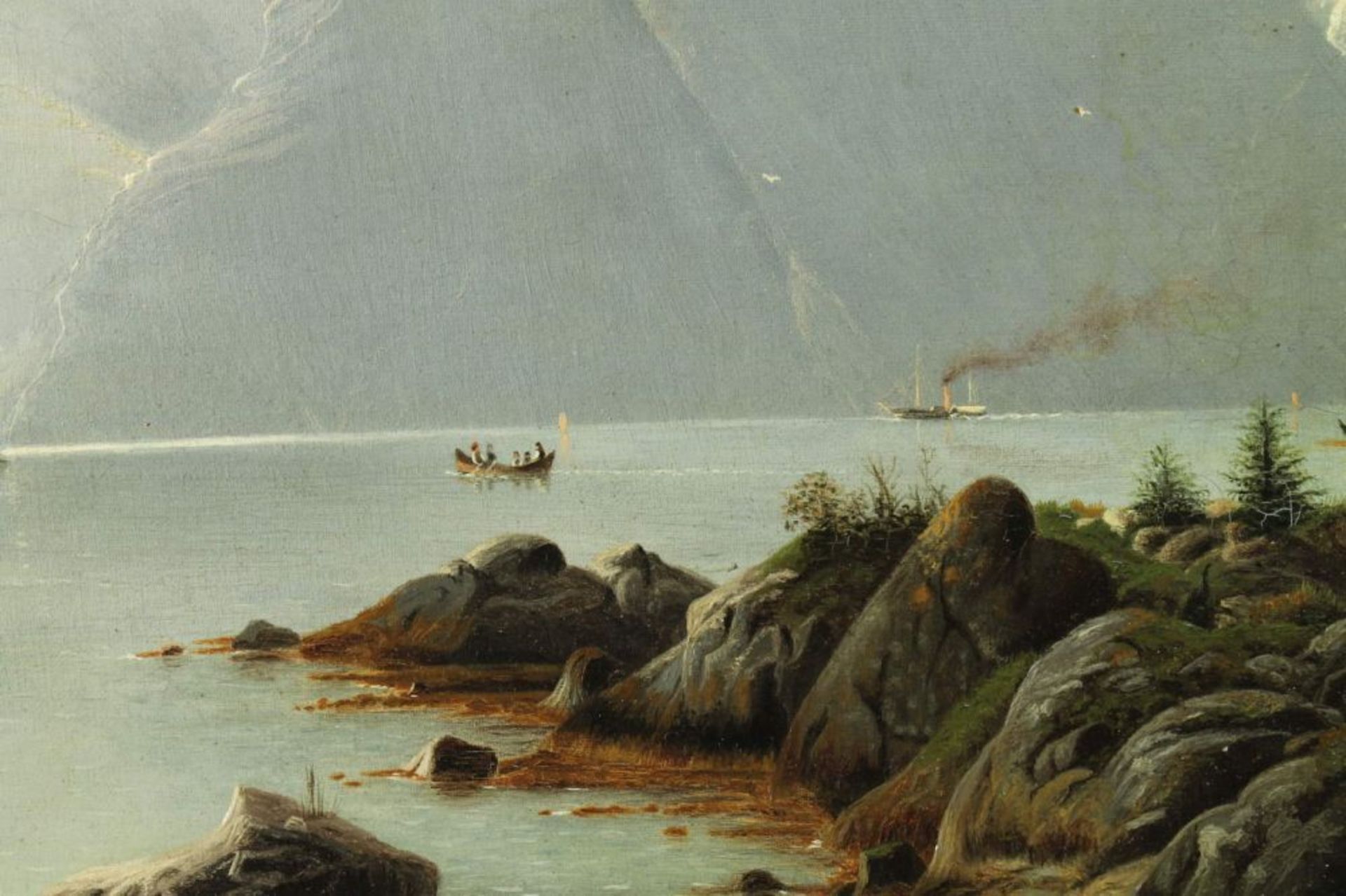 Reserve: 230 EUR        Landschaftsmaler (19. Jh.), "Fjordlandschaft", Öl auf Leinwand, 60 x 96 - Image 6 of 10