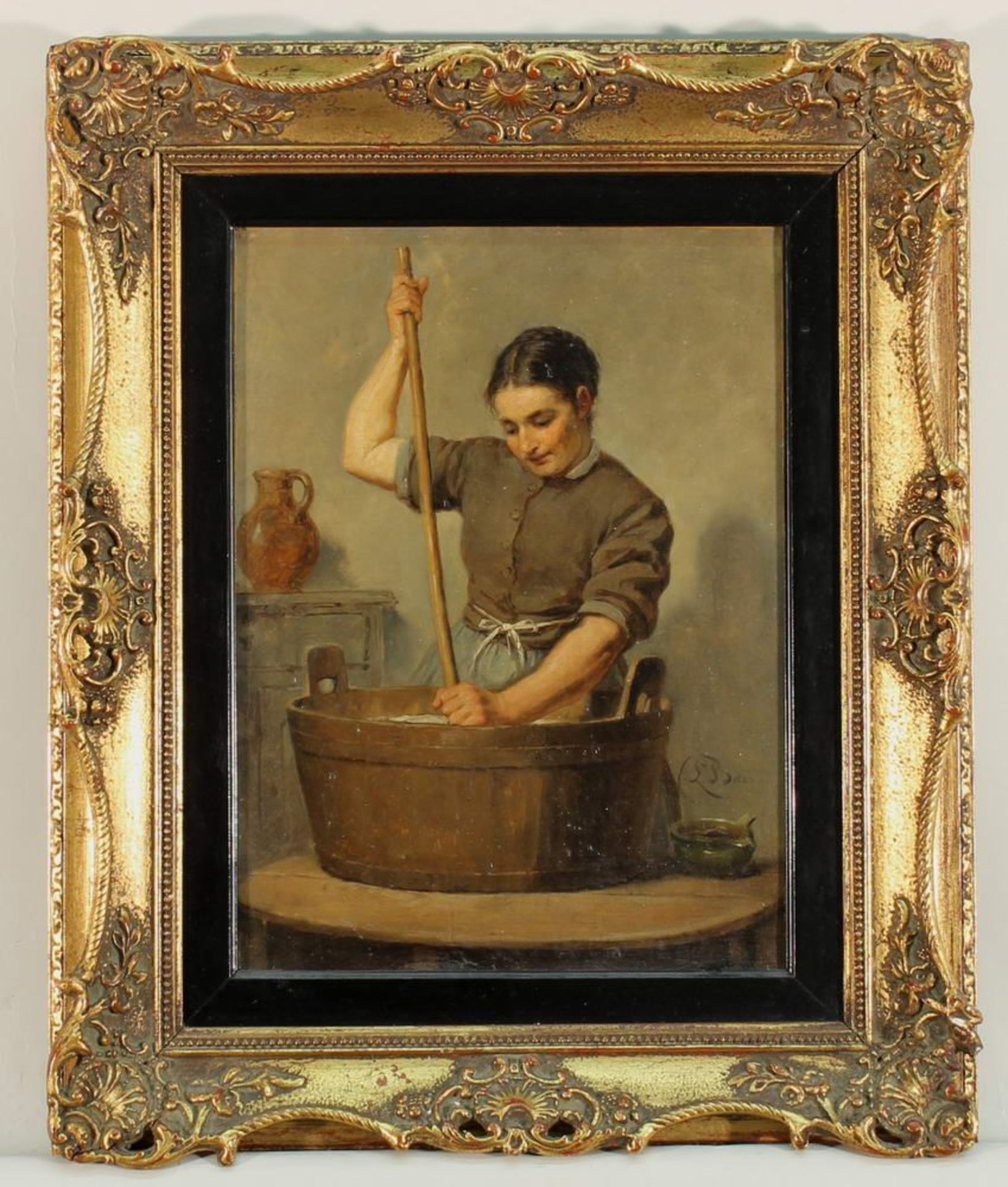 Reserve: 180 EUR        Baes, Lionel (1839 - 1913, Genremaler), "Beim Butterstampfen", Öl auf - Image 3 of 8
