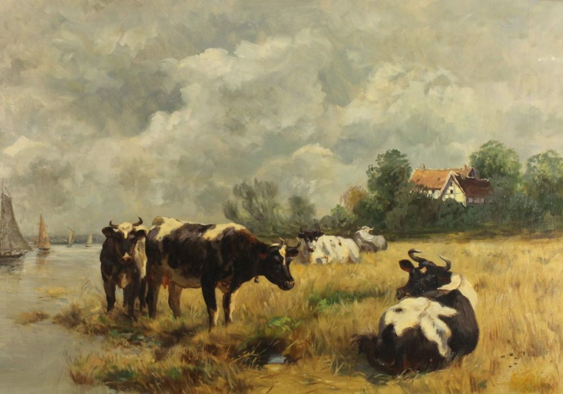 Reserve: 280 EUR        Düsseldorfer Landschaftsmaler (19./20.), "Kühe in Niederrheinlandschaft", Öl