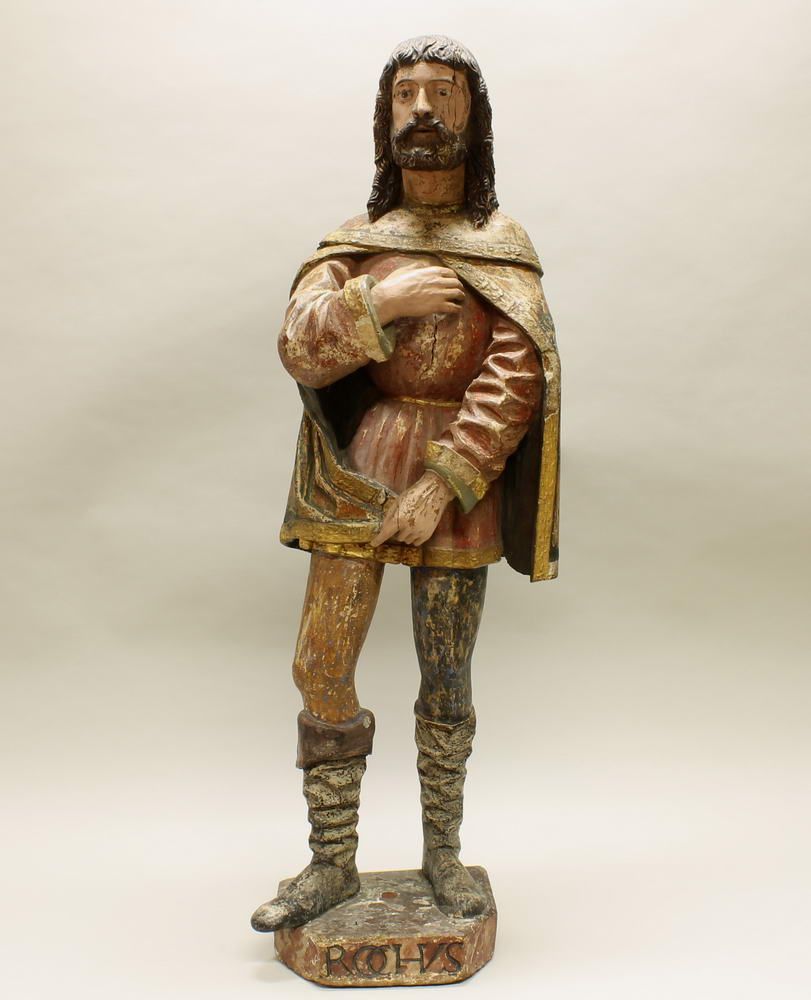 Reserve: 400 EUR        Skulptur, Holz geschnitzt, "Hl. Rochus", gefasst, Spanien, 16. Jh., 128 cm
