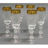 Reserve: 20 EUR        6 Sherrygläser, 20. Jh., farbloses Glas, Goldrand, 13.5 cm hoch