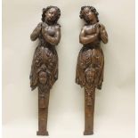 Reserve: 250 EUR        Paar Appliken, "Engelfiguren", wohl 17. Jh., Holz, geschnitzt, 86 cm hoch,
