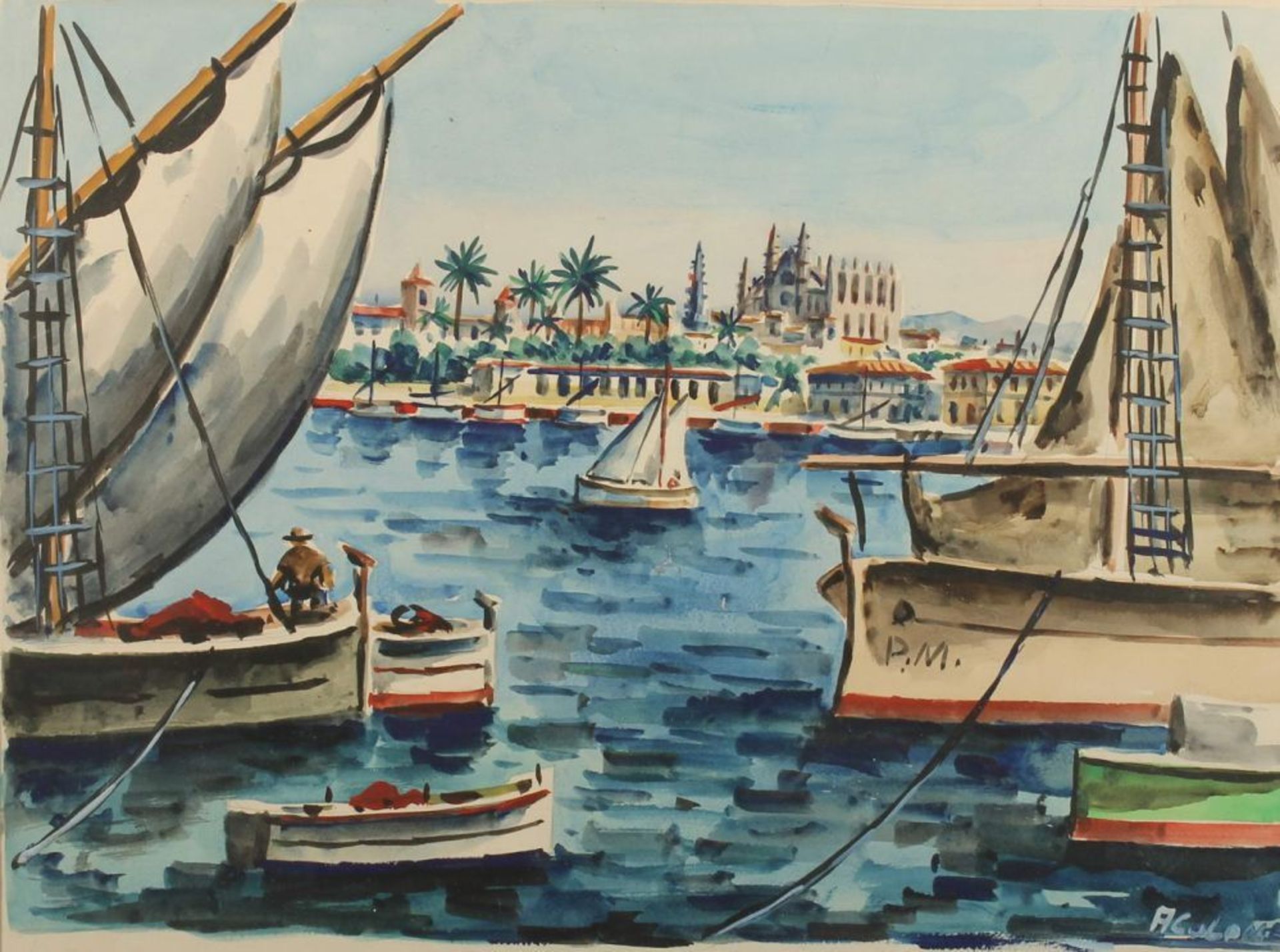 Reserve: 140 EUR        Katalanischer Künstler (1. Hälfte 20. Jh.), Mischtechnik, "Hafen Palma de - Image 2 of 6