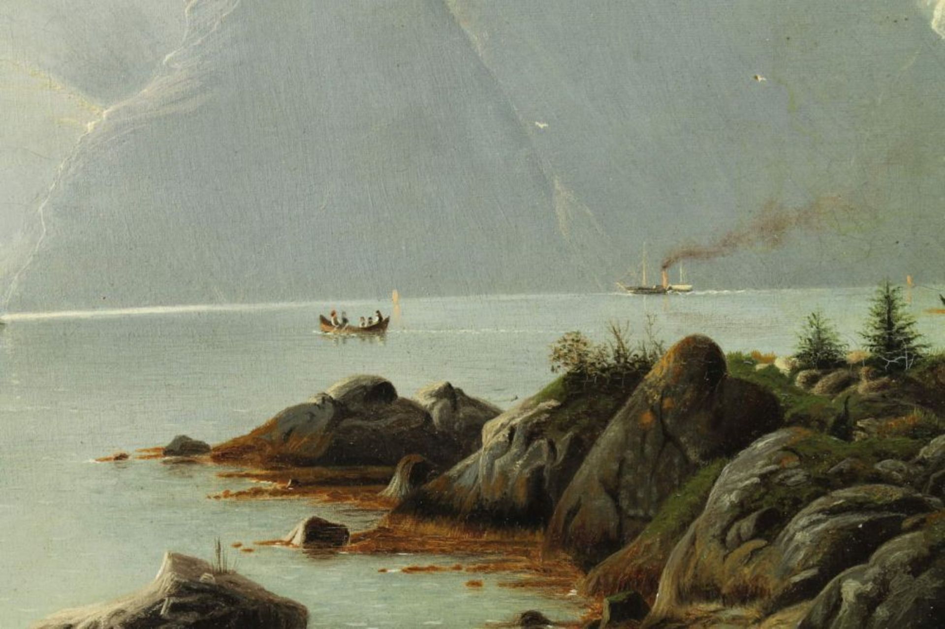 Reserve: 230 EUR        Landschaftsmaler (19. Jh.), "Fjordlandschaft", Öl auf Leinwand, 60 x 96 - Image 5 of 10