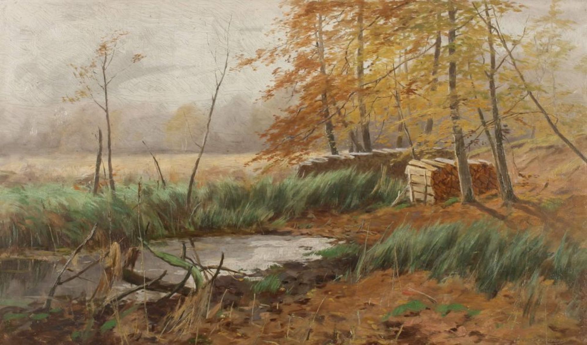 Reserve: 180 EUR        Drathmann, Christian (19. Jh.), "Herbstliche Waldlichtung", Öl auf Leinwand,