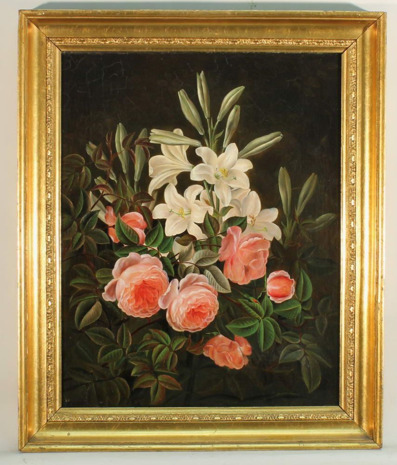 Reserve: 280 EUR        Stilllebenmaler (19. Jh.), "Blumenstillleben mit Rosen und Lilien", Öl auf - Image 3 of 6