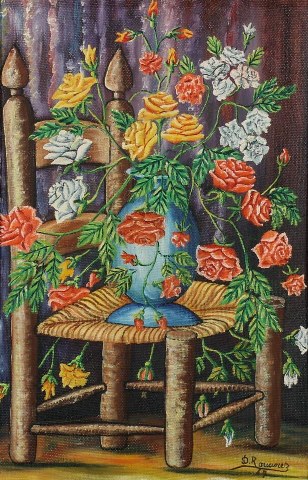 Reserve: 160 EUR        Rouanez, D. (haitianischer Künstler, tätig 1960er Jahre), "Blumenstrauß