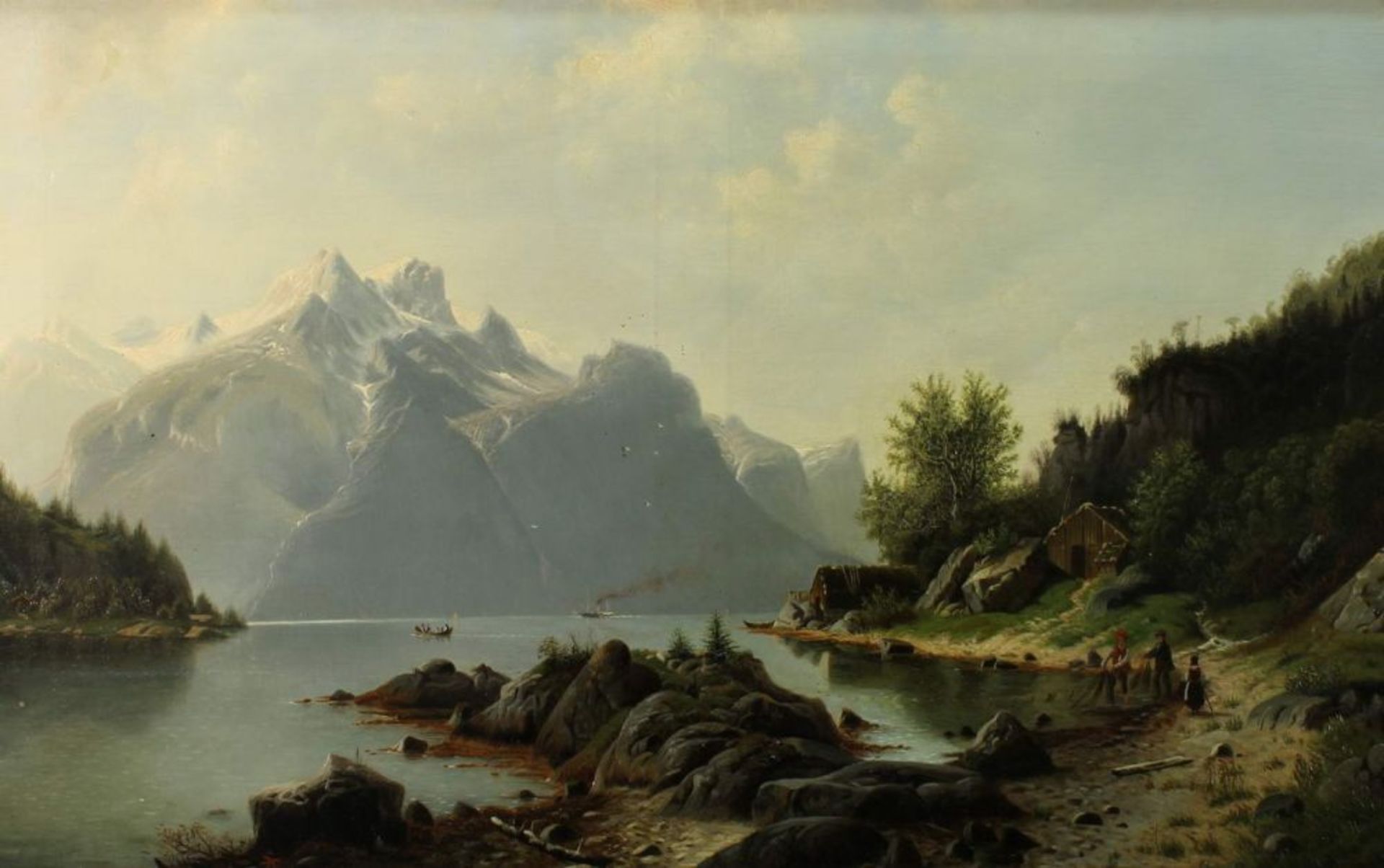 Reserve: 230 EUR        Landschaftsmaler (19. Jh.), "Fjordlandschaft", Öl auf Leinwand, 60 x 96