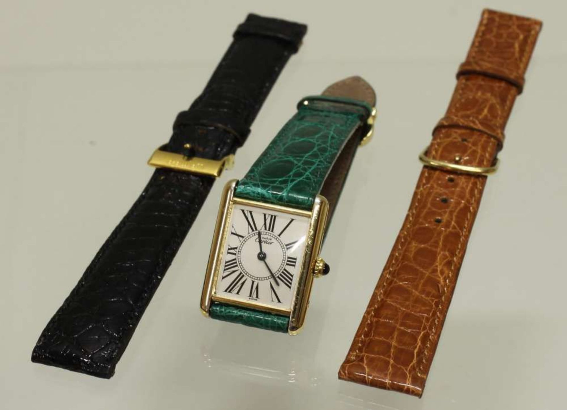 Reserve: 300 EUR        Damenarmbanduhr, Cartier, Modell 'Tank', Quarzwerk, Silber 925, vergoldet,