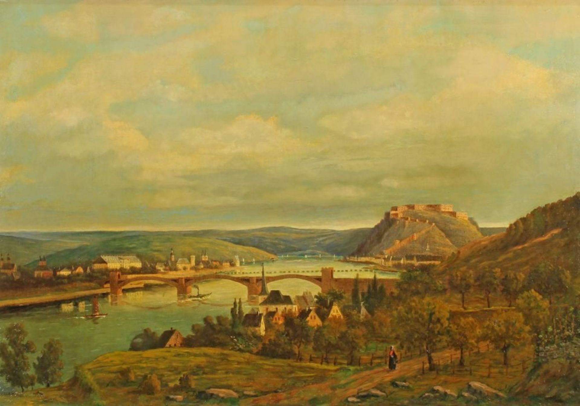 Reserve: 400 EUR        Landschaftsmaler (19. Jh.), "Blick auf Koblenz", Öl auf Leinwand, 67 x 96