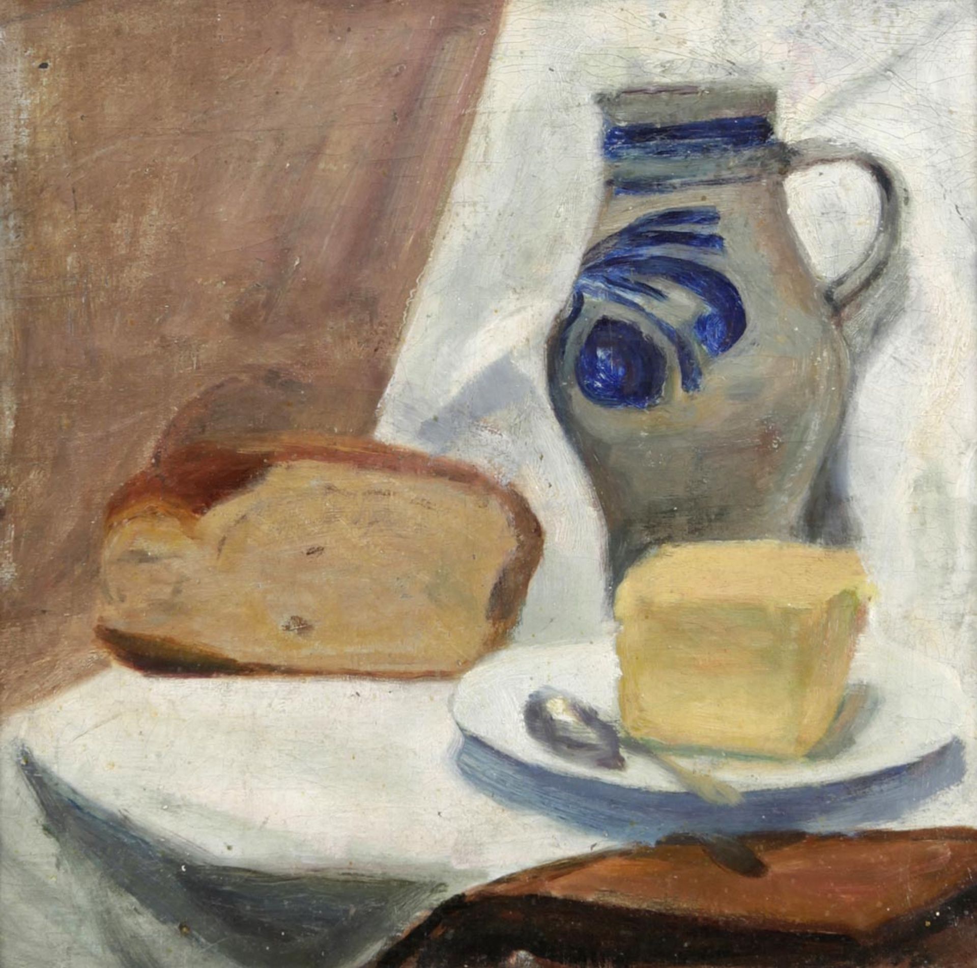 Küchenstillleben m. Brot, Butter u. Steinkrug wohl Belgien, um 1900 Öl a. Lwd., unsign. Starkes