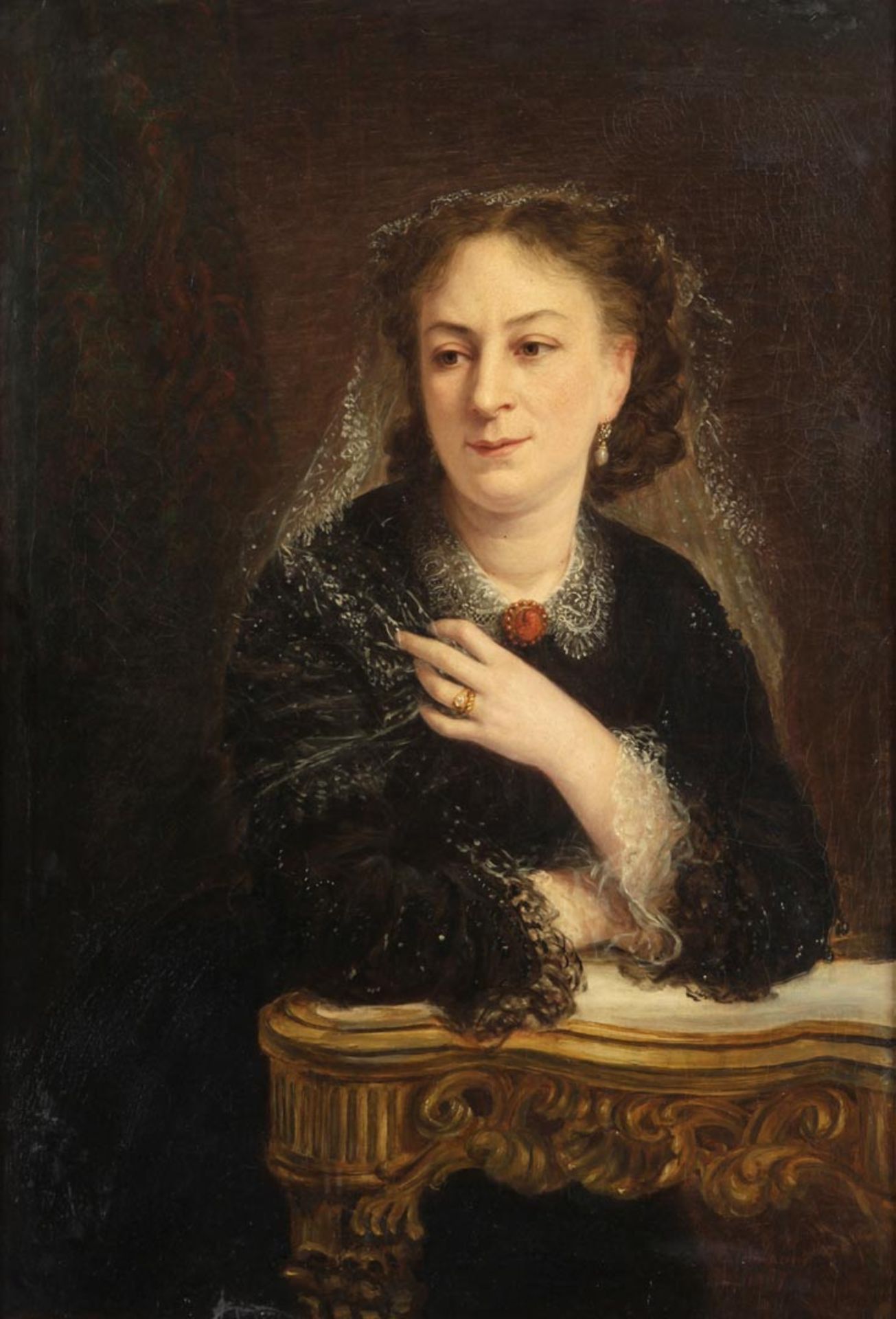 Amiconi, Bernardo 1825 Italien - c.1880 Portrait einer Dame m. Spitzenschleier u. Perlohrringen.- Öl