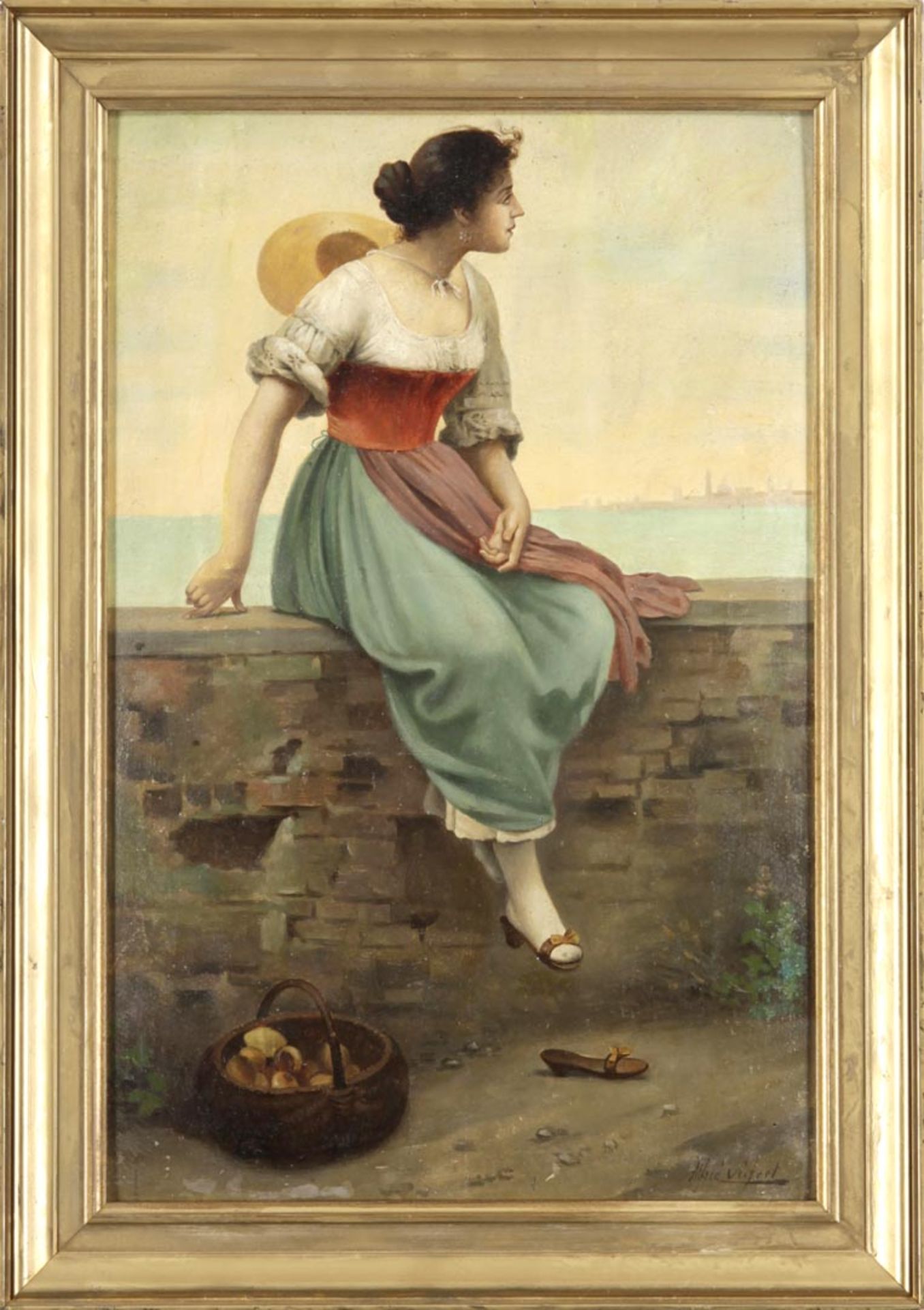 Seifert, Alfred 1850 Böhmen - 1901 München Junge Venezianerin auf der Kaimauer sitzend.-  Öl a.