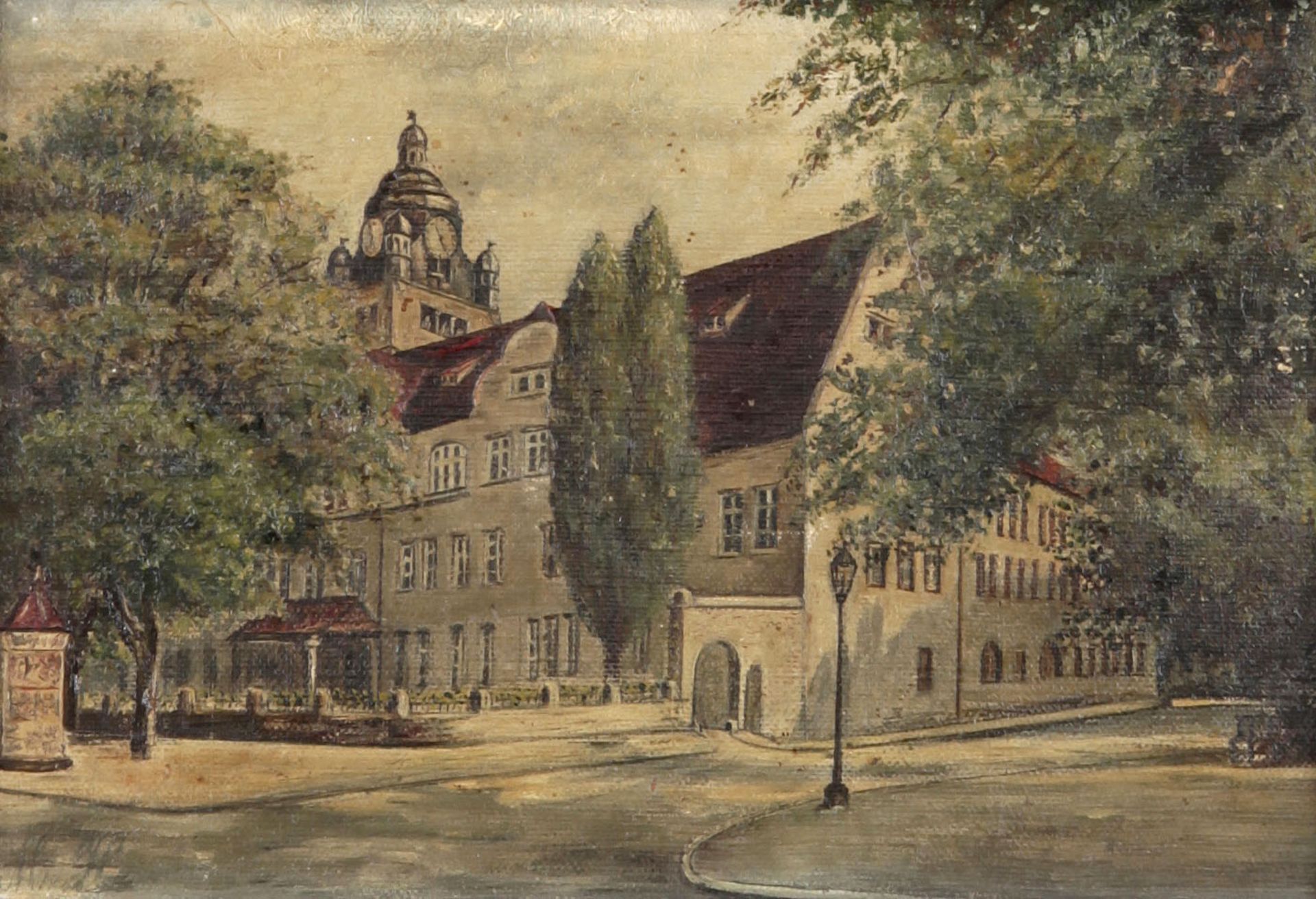 Dorfstraße m. Blick auf ein Rathausgebäude um 1900/20.Jh. Öl a. Lwd., u.li. undeutlich sign. "M...