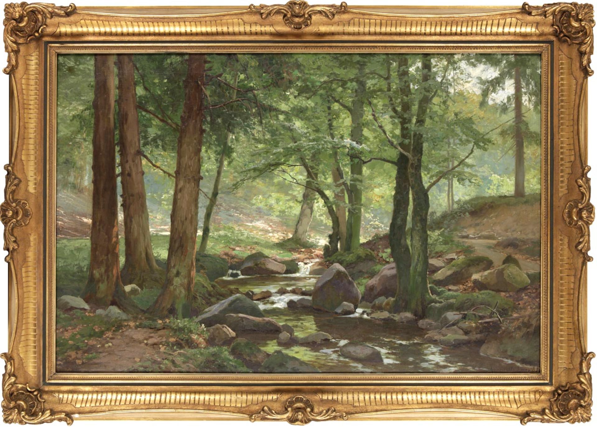 Böhmer, Heinrich Düsseldorf 1852 - 1930 Lichtdurchfluteter Laubwald m. Wildbach.- Öl a. Lwd., u.