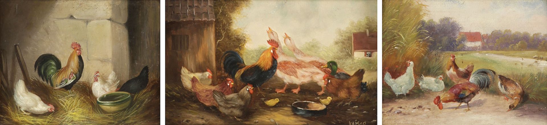 3 Gemälde - Hühnerhof 19.Jh./20.Jh. In d. Manier d. klassischen Geflügelbilder.- Öl a. Holz, 1x