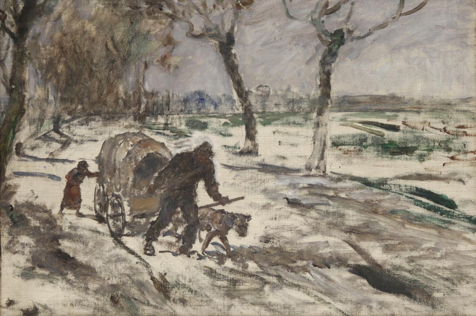 Auf der Flucht um 1930/40 Winterliche Landschaft m. Eselfuhrwerk und Bauern.- Öl a. Lwd., unsign.,