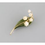 Brooch "Lily of the valley" 14ct. yellow gold, carved jade and five small diamonds, double