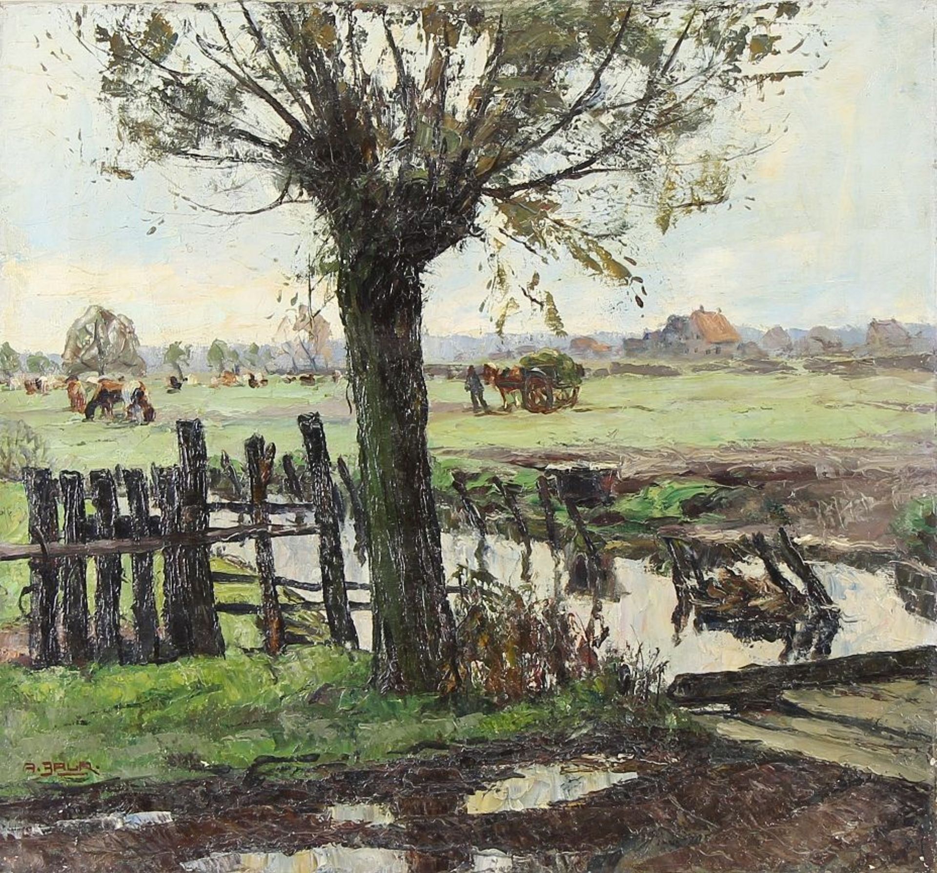 Baur, Albert (Düsseldorf 1867 - 1951 Herrsching) Gemälde, Öl auf Leinwand, Niederrheinlandschaft mit