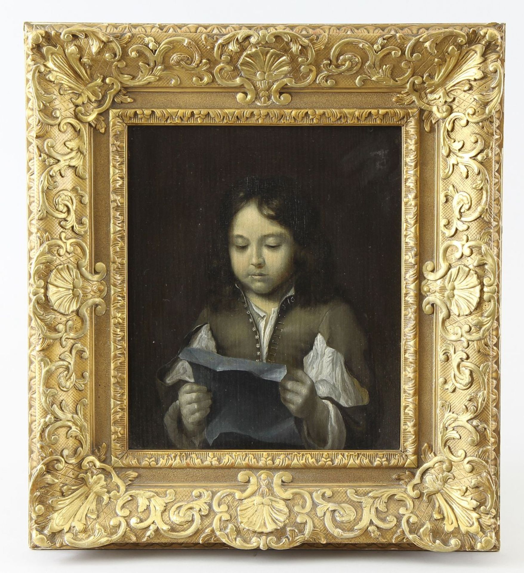 German painter of the 19th century Painting, oil on board, young boy reading a letter, 31 x 26.5 cm,