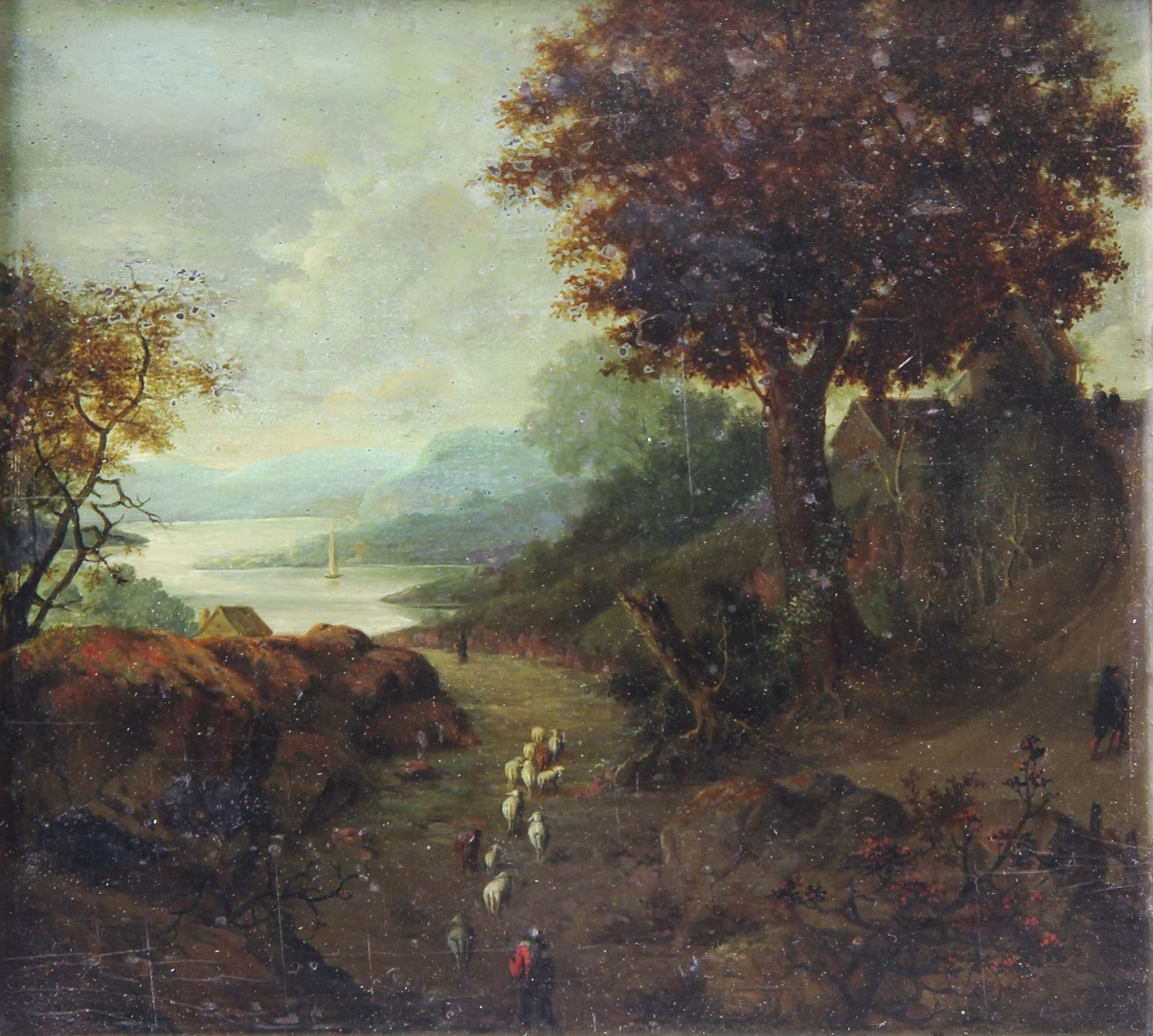 German painter of the 18th/19th century Painting, oil on board, landscape with flock of sheep, 17