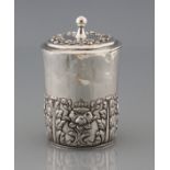 Container 12 lot silver, lower half of the body decorated with embossed flowers, H 13,5 cm, weight