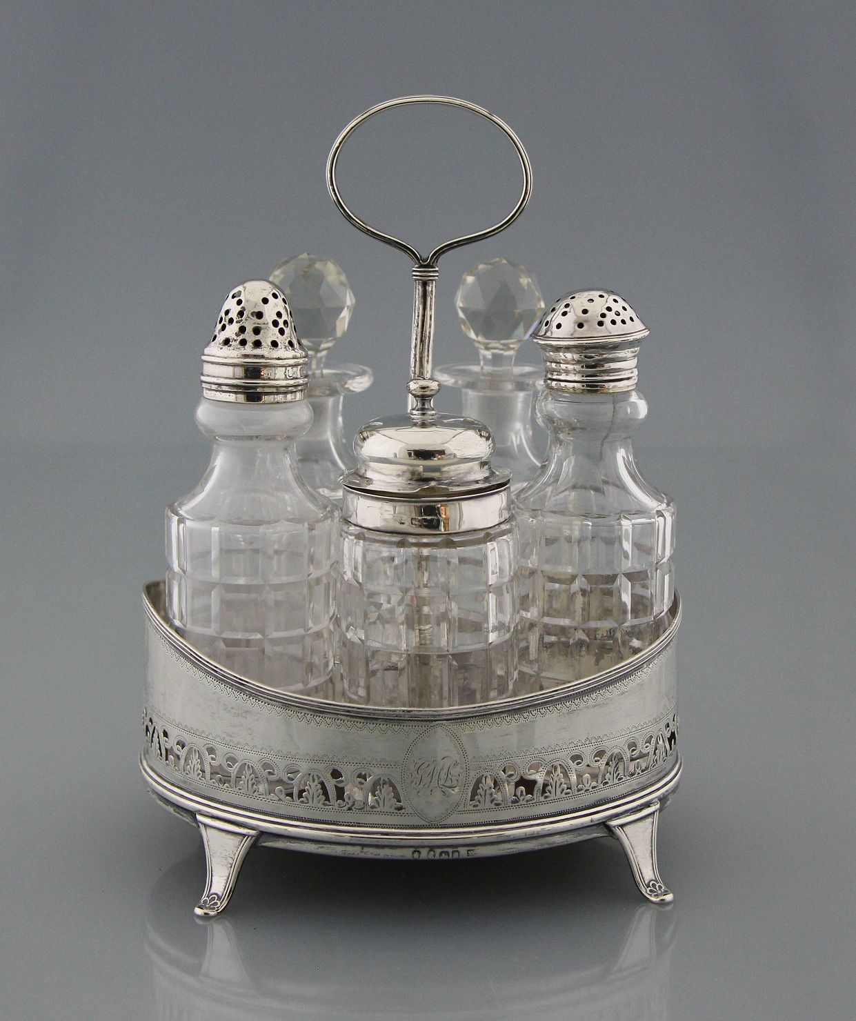 George III. cruet stand Sterlingsilver and mahagoni, fully hallmarked with British standard mark (